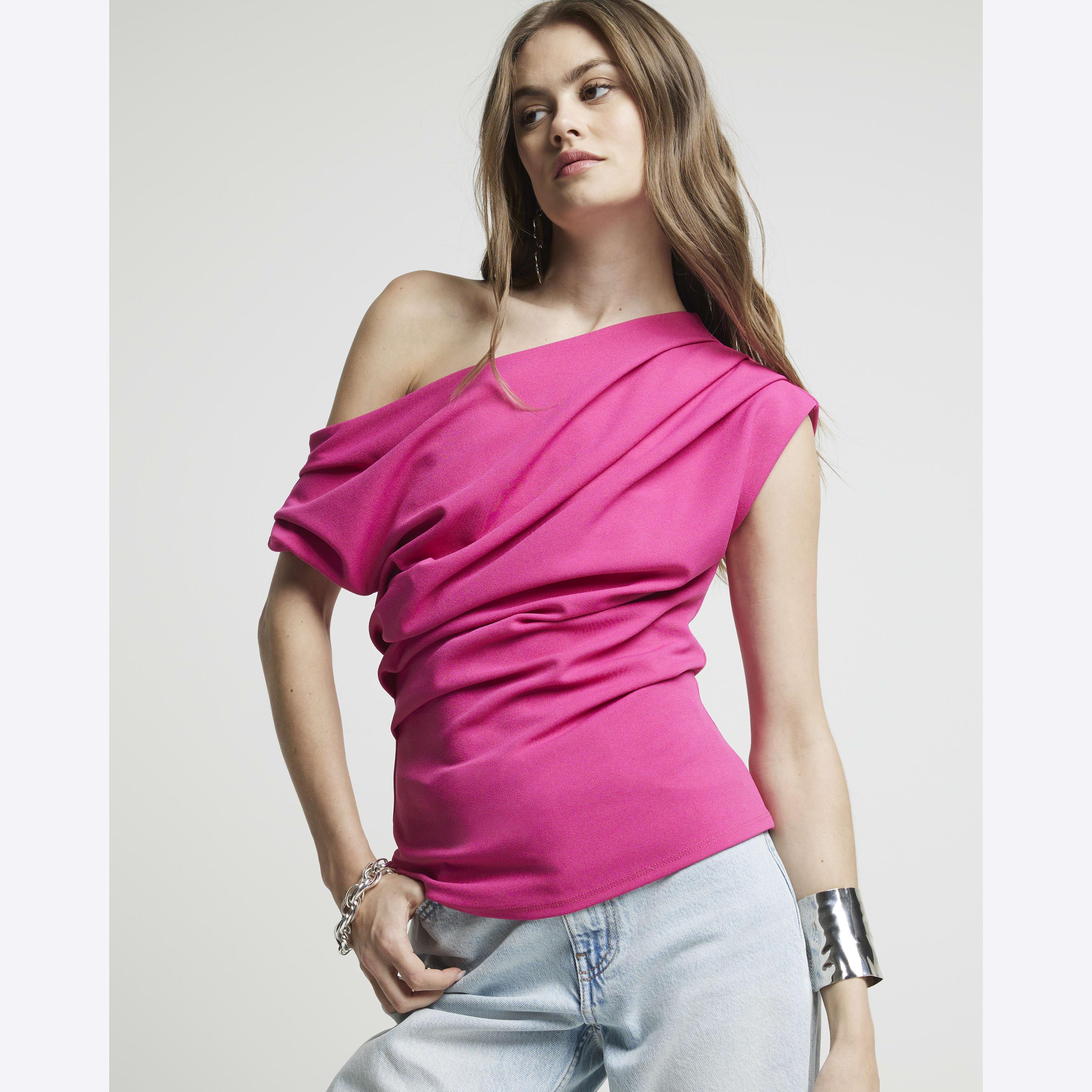 River Island Drape Top Bright Off Shoulder in Pink | Lyst UK