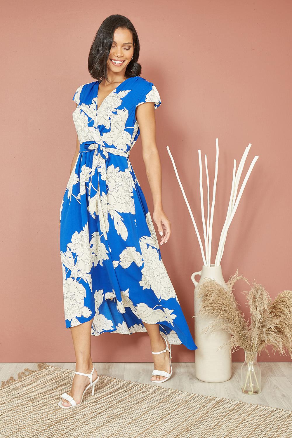 Mela London Blossom Print Wrap Midi With Dipped Hem in Blue Lyst UK