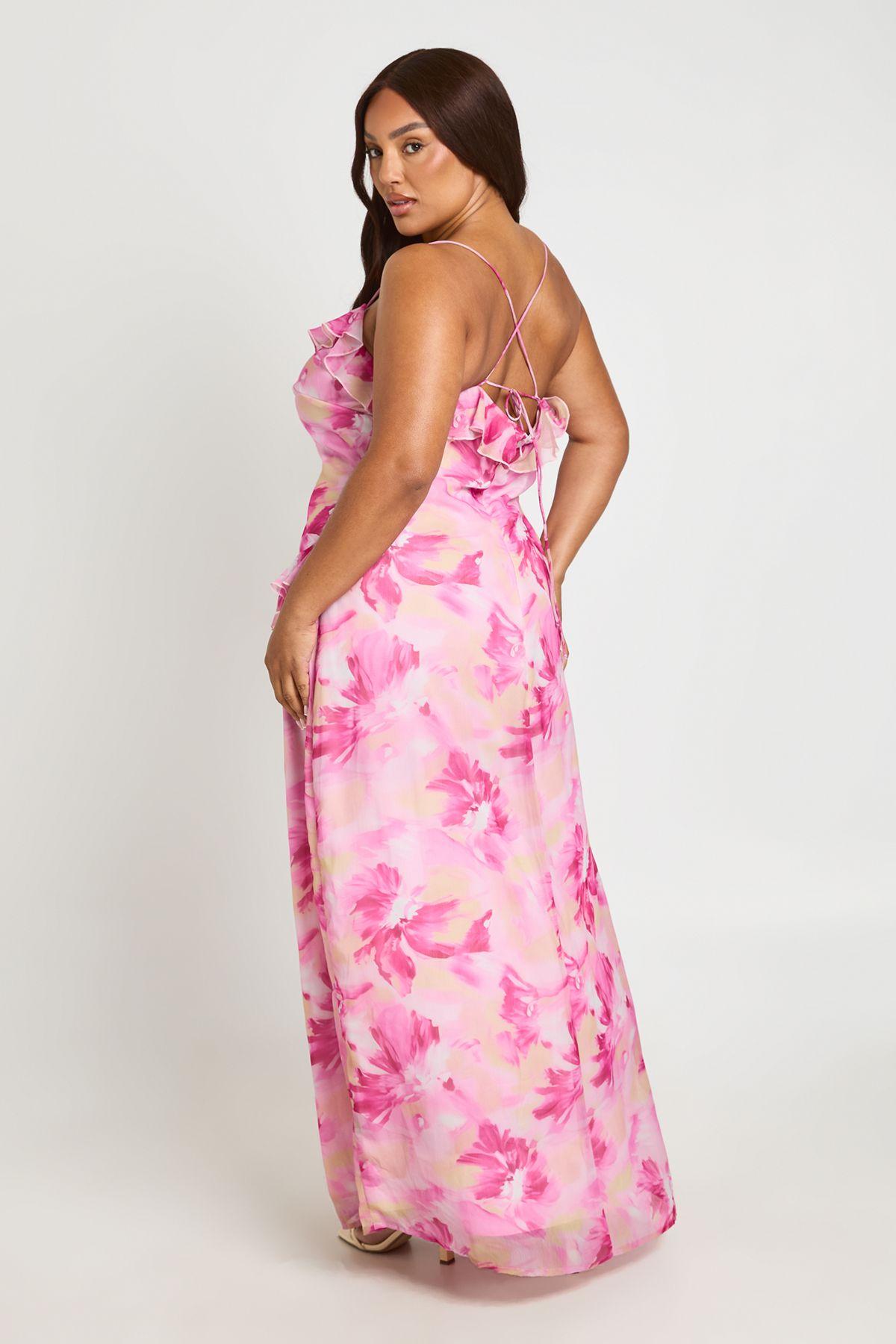 boohoo pink floral maxi dress Pink boohoo Plus Floral Chiffon Ruffle Maxi Dress