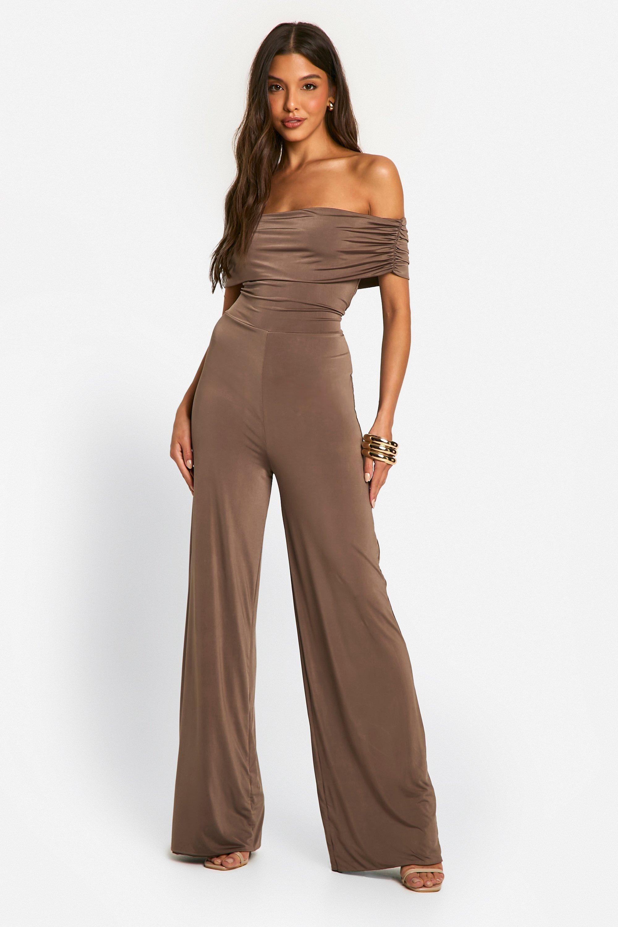 Boohoo Bardot Wide Leg Jumpsuit in Brown Lyst UK