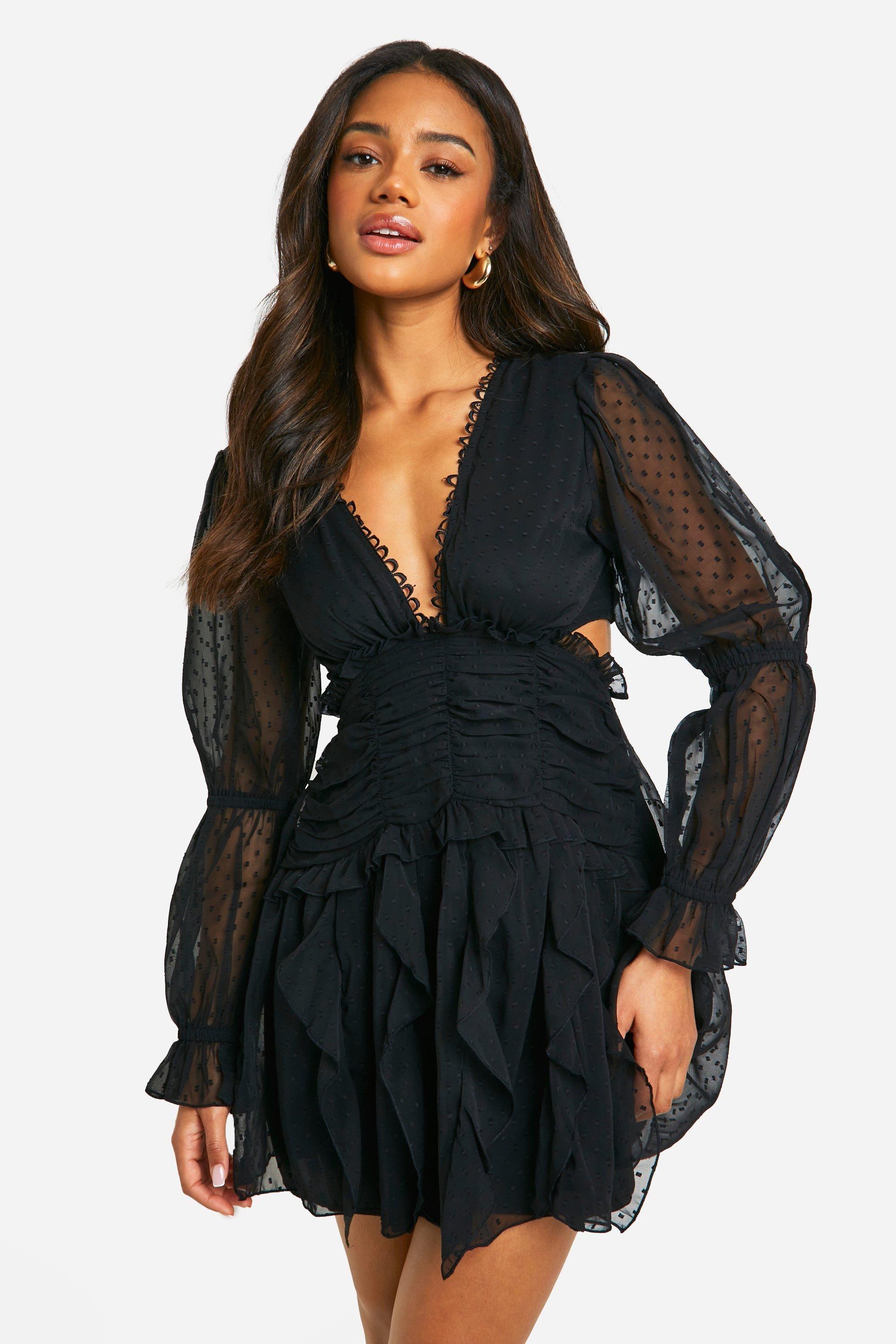 designer petite dresses Black Dobby Mesh Ruffle Skater Dress Boohoo Dobby Ruffle Cut Out Mini Dress In this sheath cocktail dress is crafted from smooth crepe fabric that flatters and skims the figure Women's Petite Dresses | Nordstrom