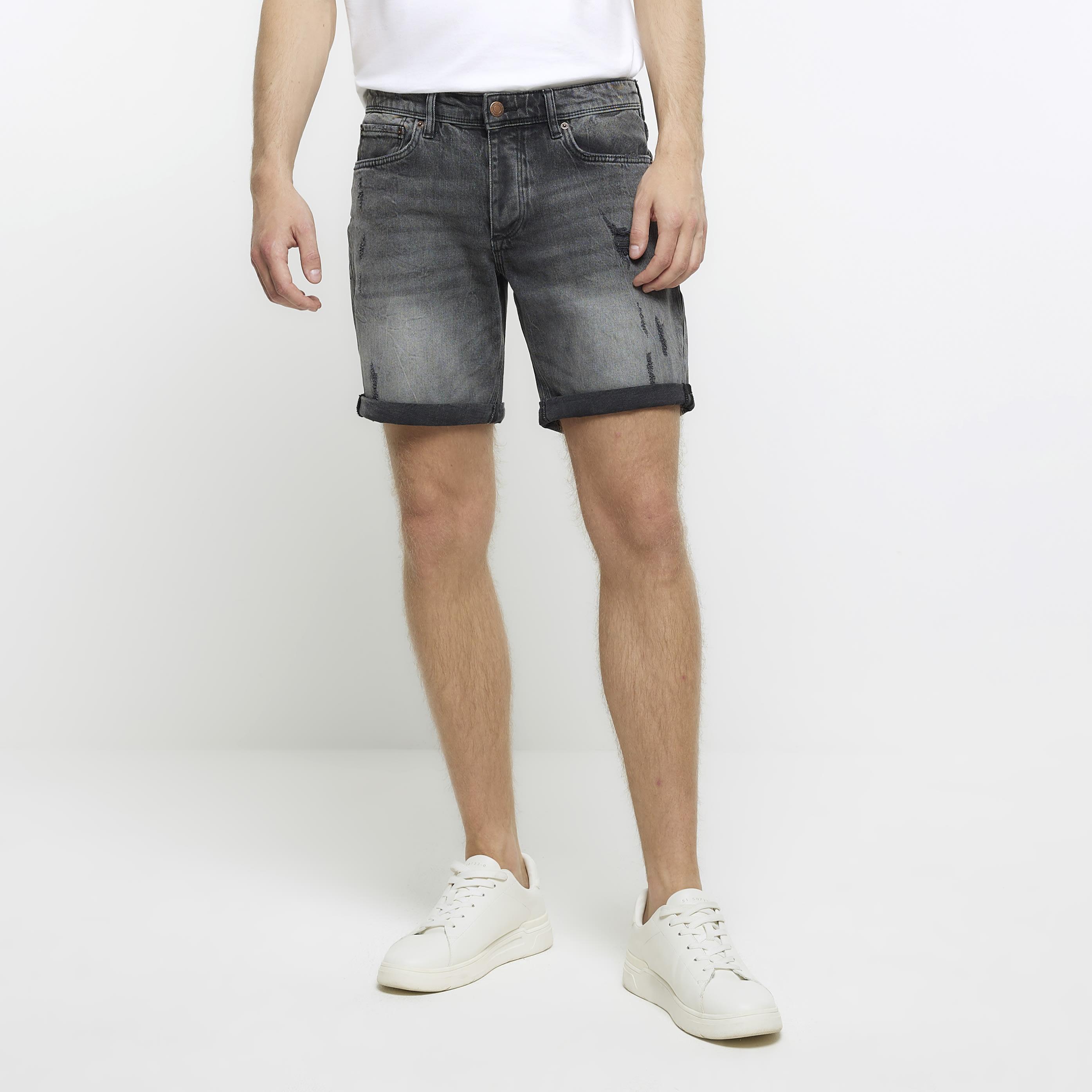 Black denim shorts river island on sale