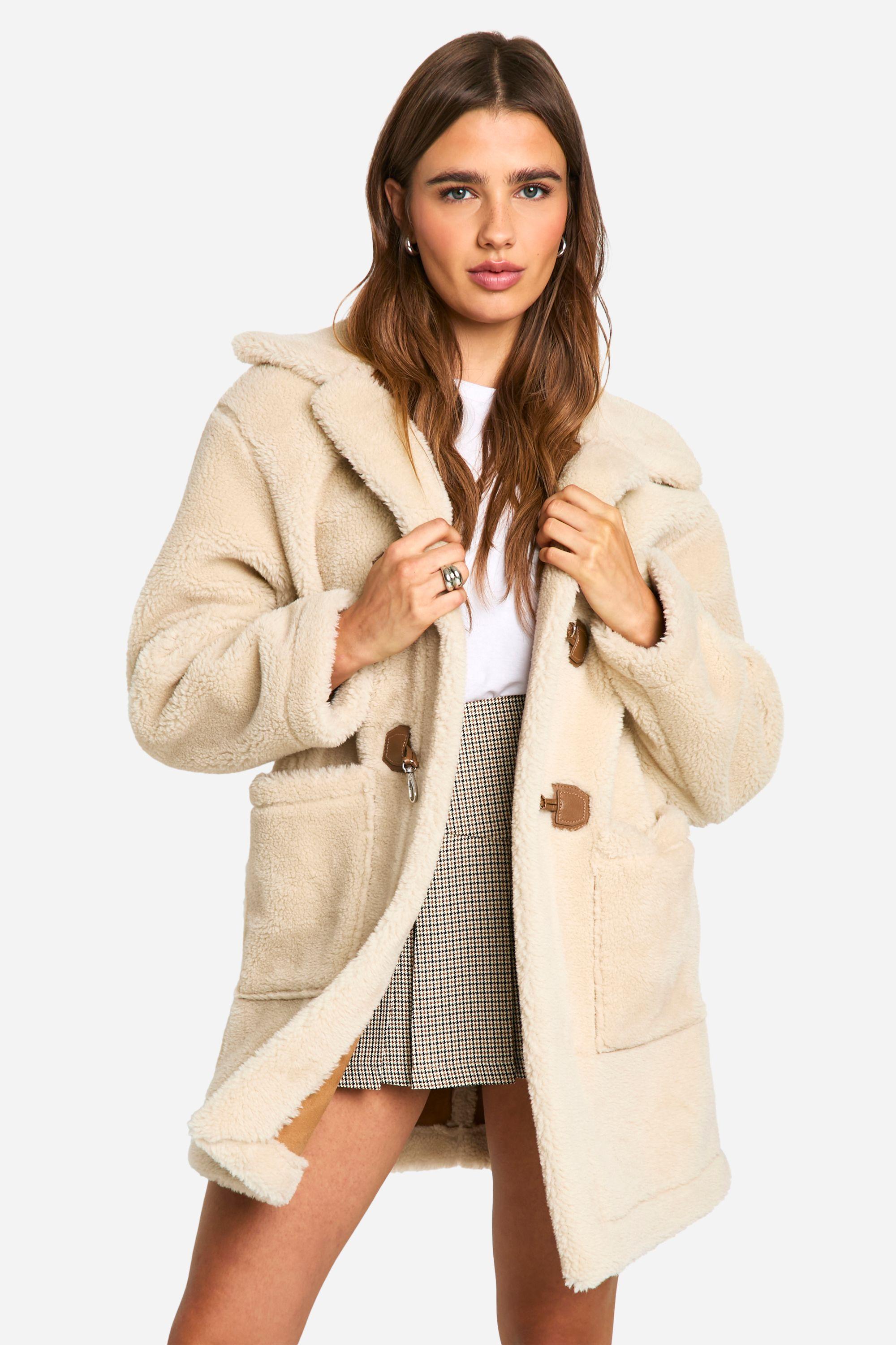 Teddy Shacket Boohoo Boohoo Toggle Detail Bonded Teddy Fur Coat In