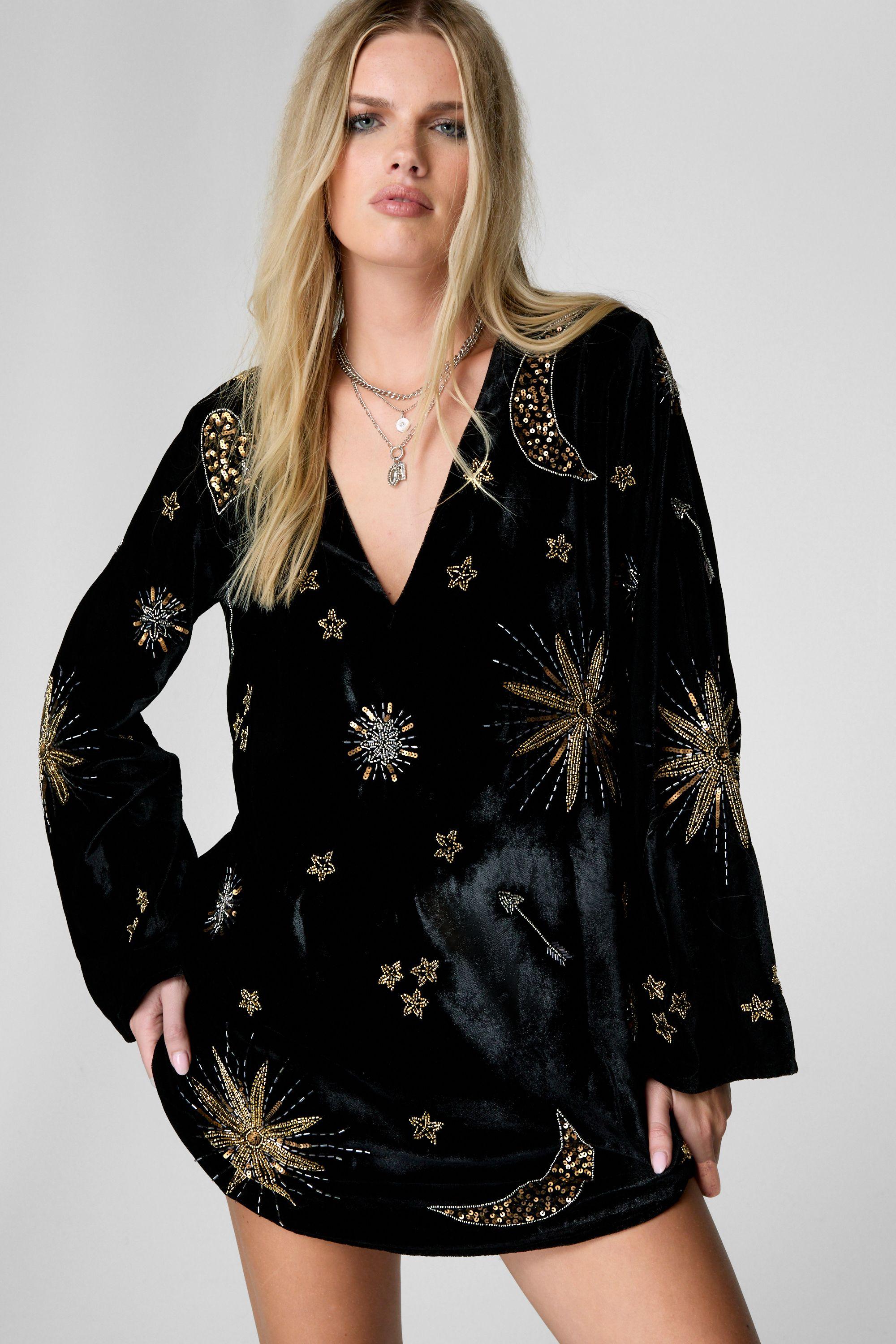 Nasty Gal Velvet Celestial Tattoo Embellished Plunge Tunic Mini