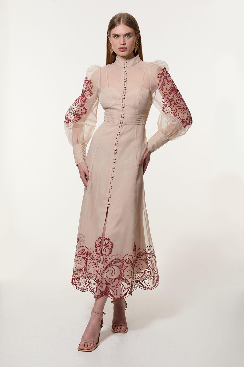 Karen Millen Organdie Embroidered Woven Midi Dress in Pink Lyst