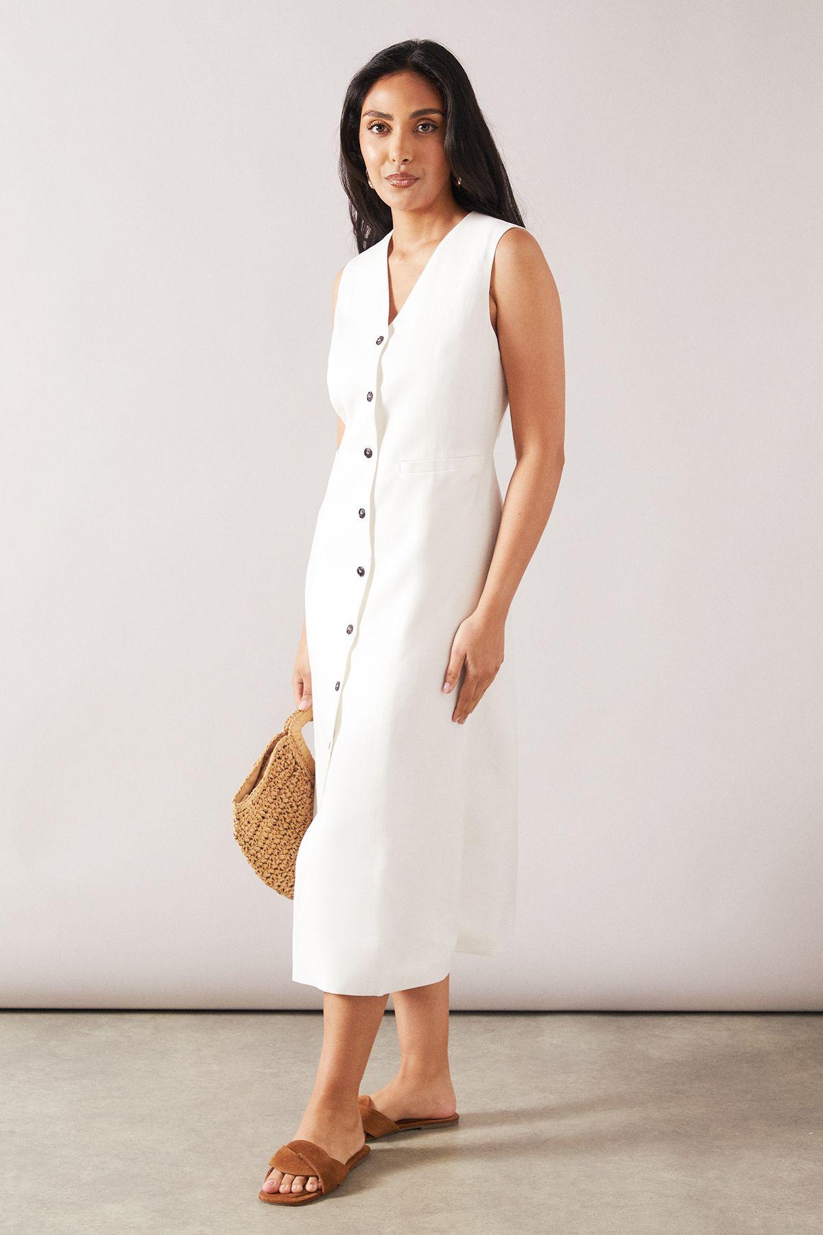Wallis Petite Viscose Mix Sleeveless Button Midi Dress in White
