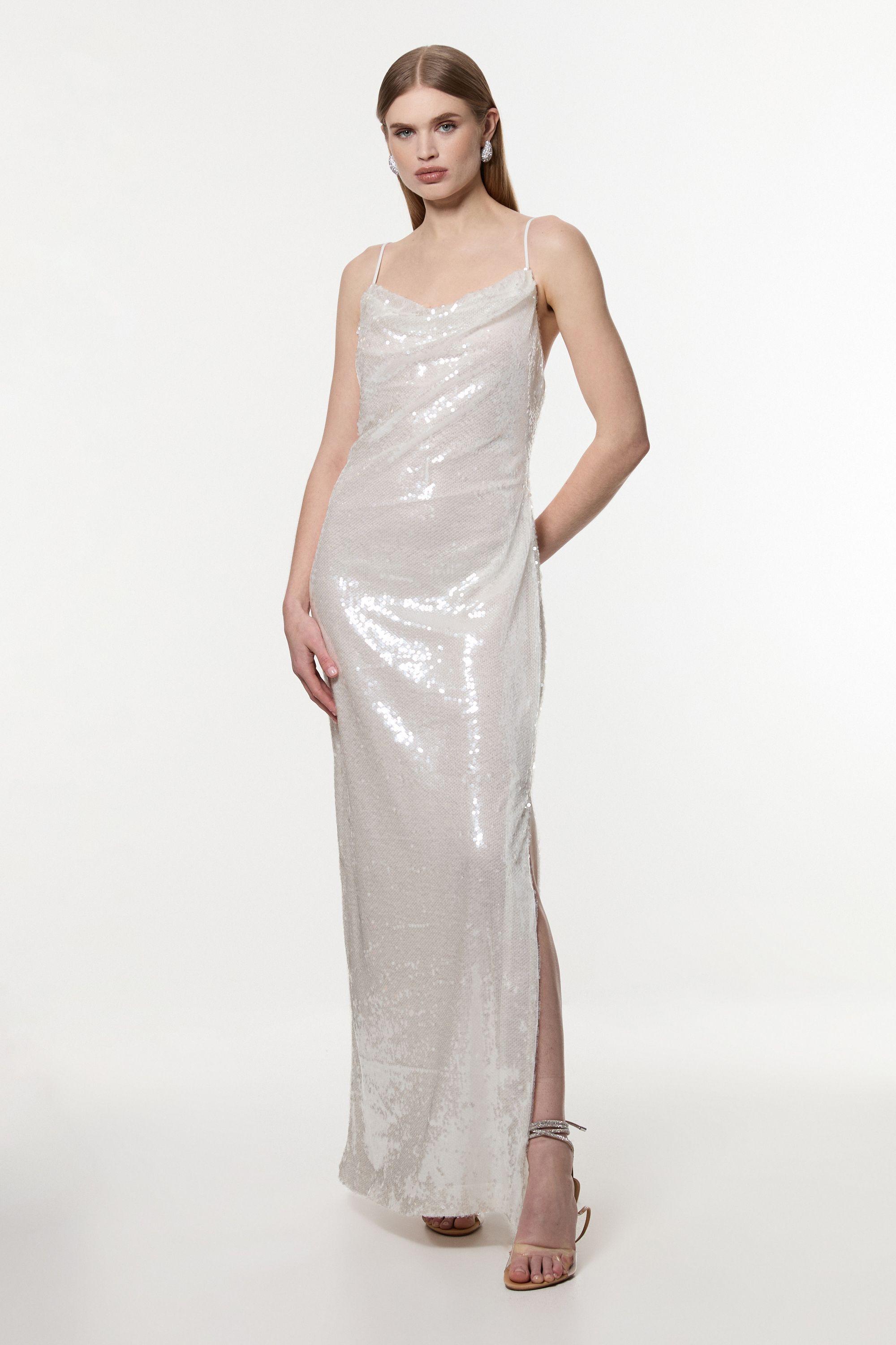Karen Millen Petite Liquid Shine Strappy Cowl Neck Woven Sequin Dress in White | Lyst UK Karen Millen Petite Liquid Shine Strappy Cowl Neck Woven Sequin Dress in White | Lyst UK