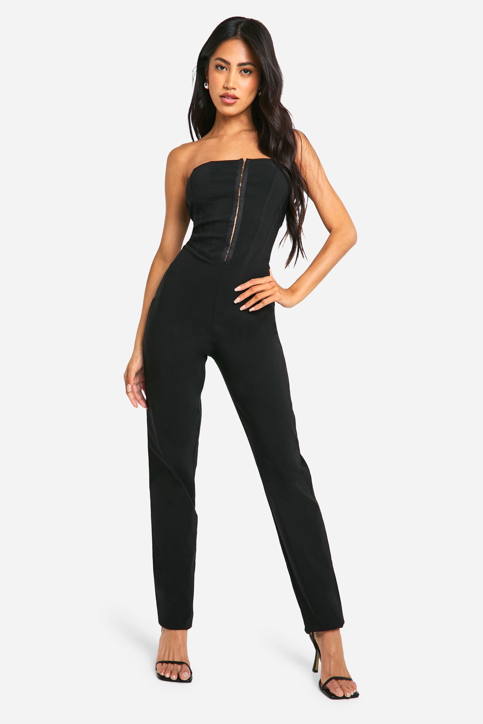 Strapless Jumpsuit Black Boohoo Boohoo Bandeau Eyelet Corset
