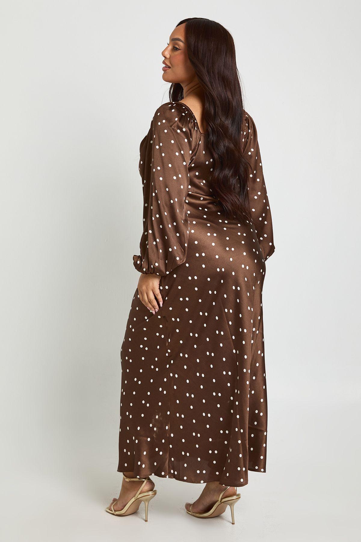 Boohoo Plus Polka Dot Volume Sleeve Satin Midaxi Dress in Brown
