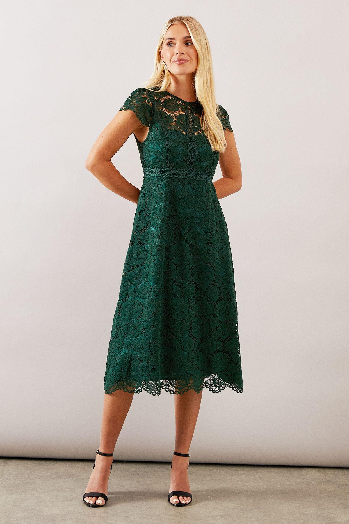 Wallis Petite Lace Fit And Flare Dress in Green | Lyst UK