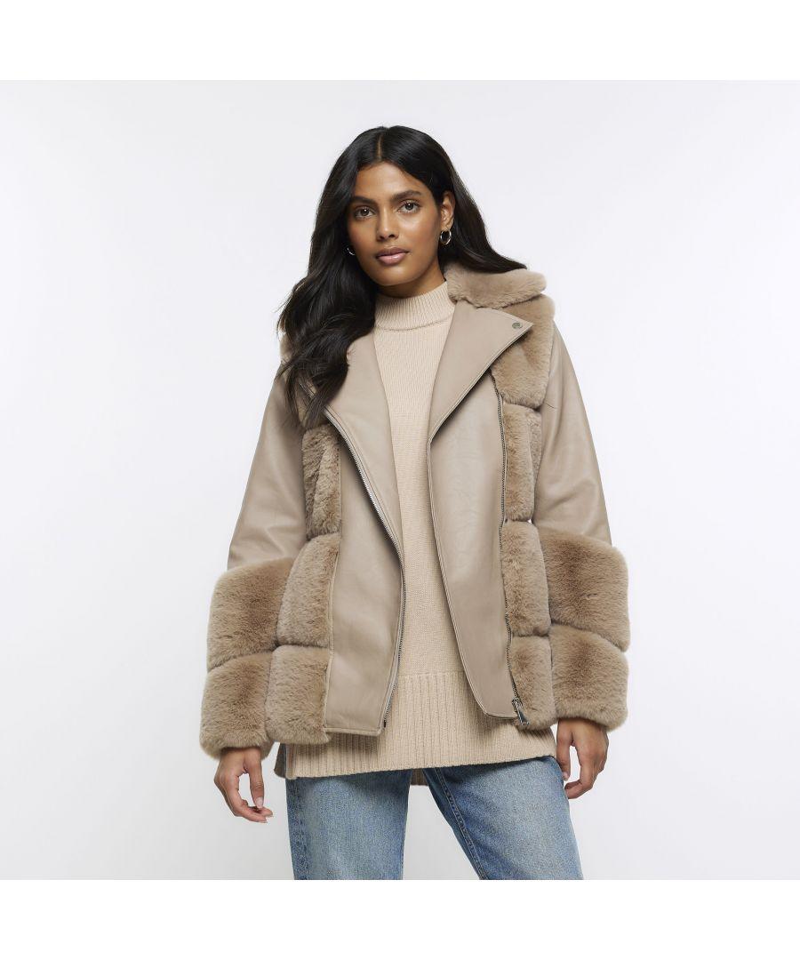 Fur Trim River Island Grey Faux Suede Biker Jacket River Island