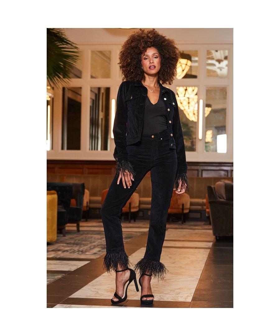 Sosandar Velvet Denim Jacket With Feather Trim in Black Lyst UK