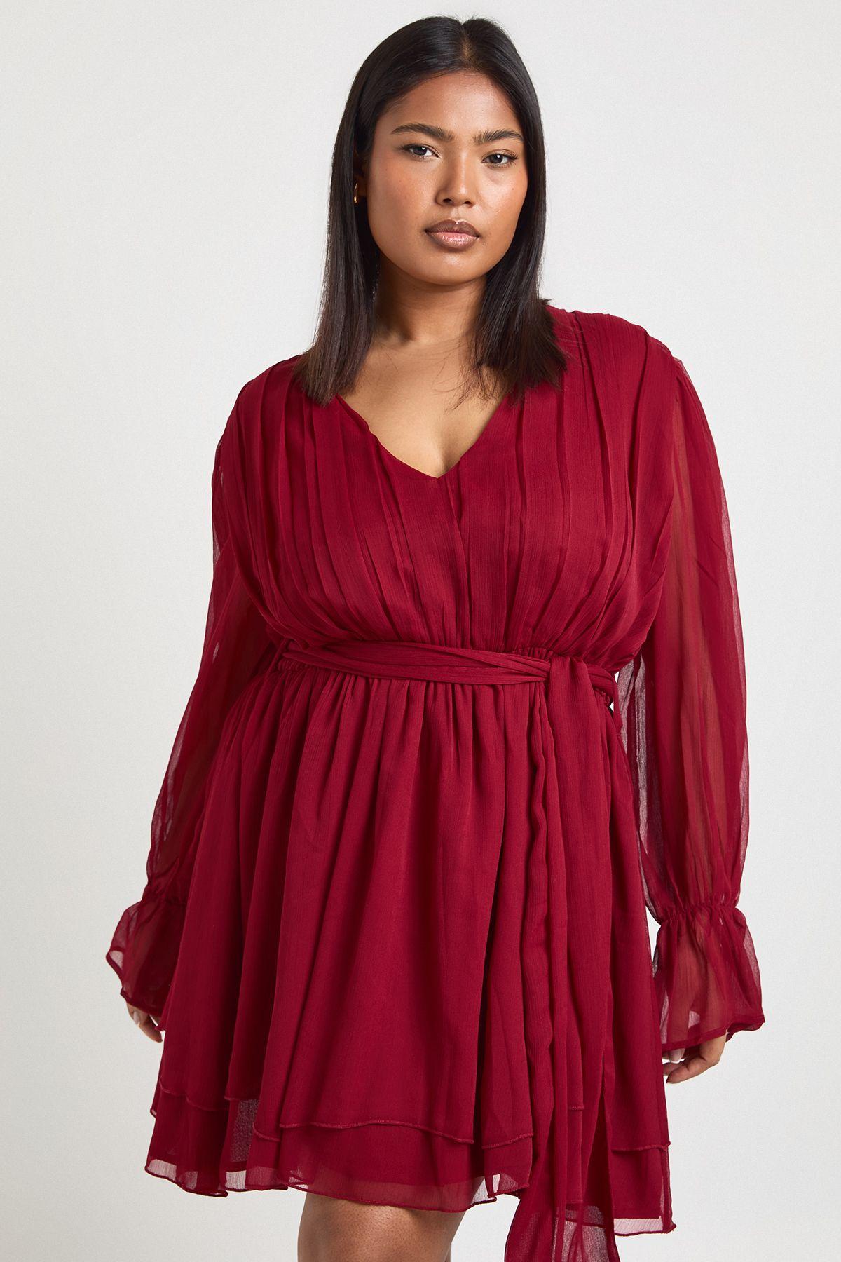 red ditsy print bardot frill hem skater dress FS Collection Little Flora Print Bardot Frill Midi Dress In Red