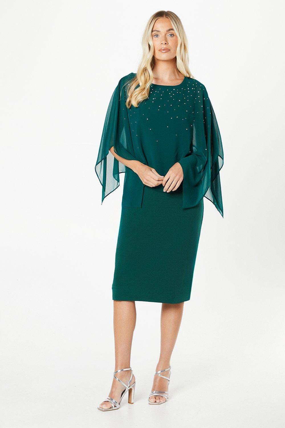 Wallis Petite Occasion Hotfix Overlay Formal Midi Dress in Green