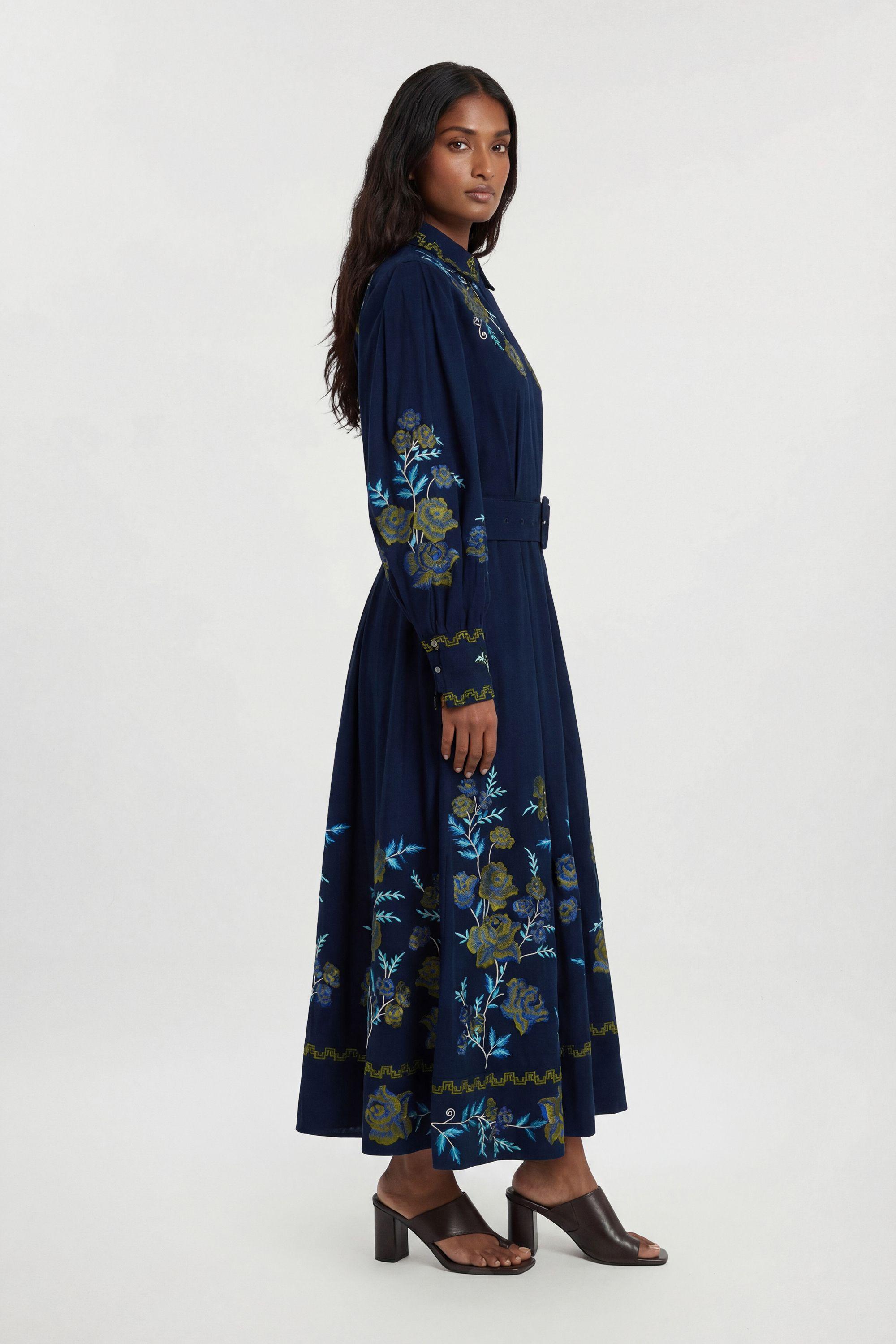 karen millen blue embroidered dress Petite Rose Cotton Twill Woven Shirt With Eyelets in heeled mules and a strapless pleated dress Bachelorette Party Attire For Color:DustyRose
