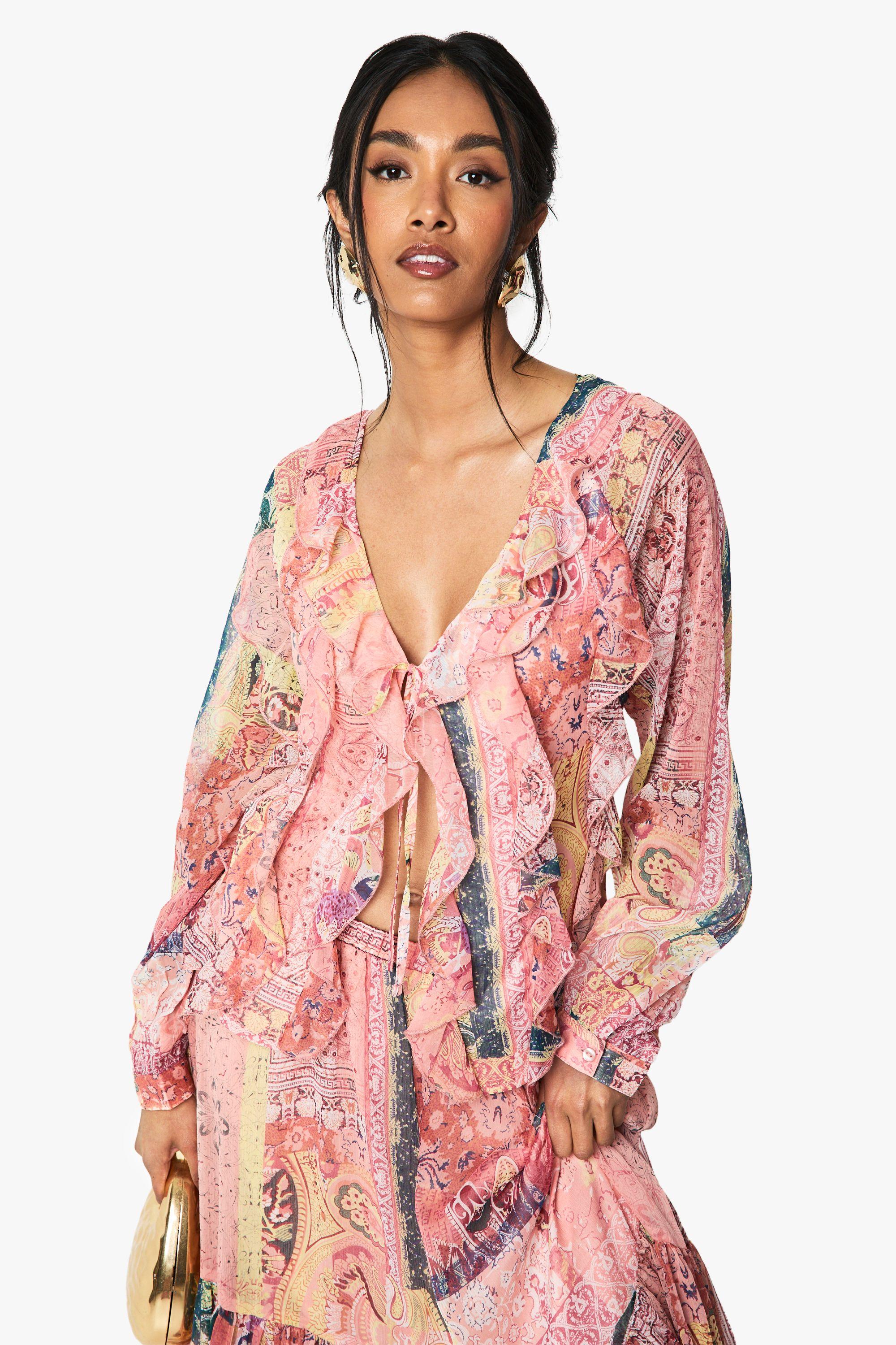 Boohoo Paisley Chiffon Ruffle Blouse in Pink Lyst UK