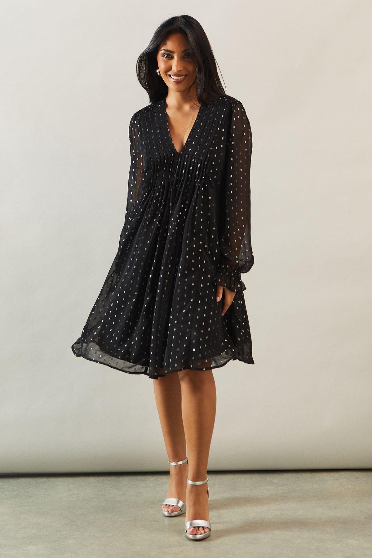 Wallis Petite Occasion Glitter Spot Pintuck Shift Dress in Black