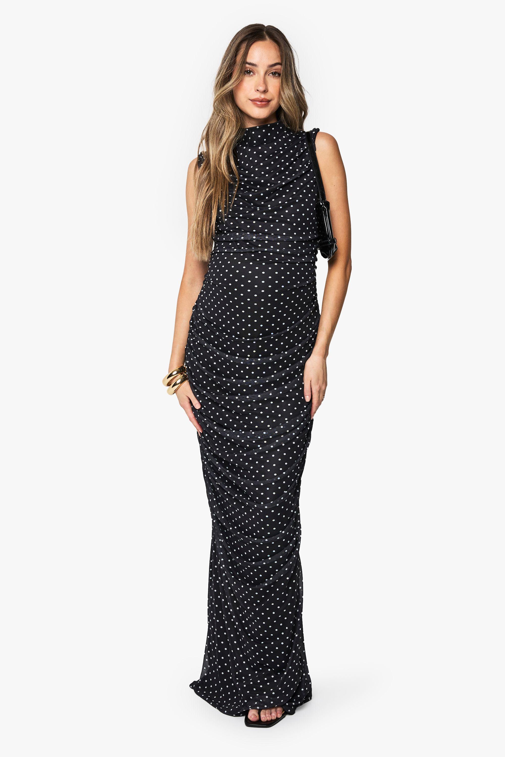 Boohoo Maternity Polka Dot Ruched Mesh Maxi Dress in Black Lyst UK
