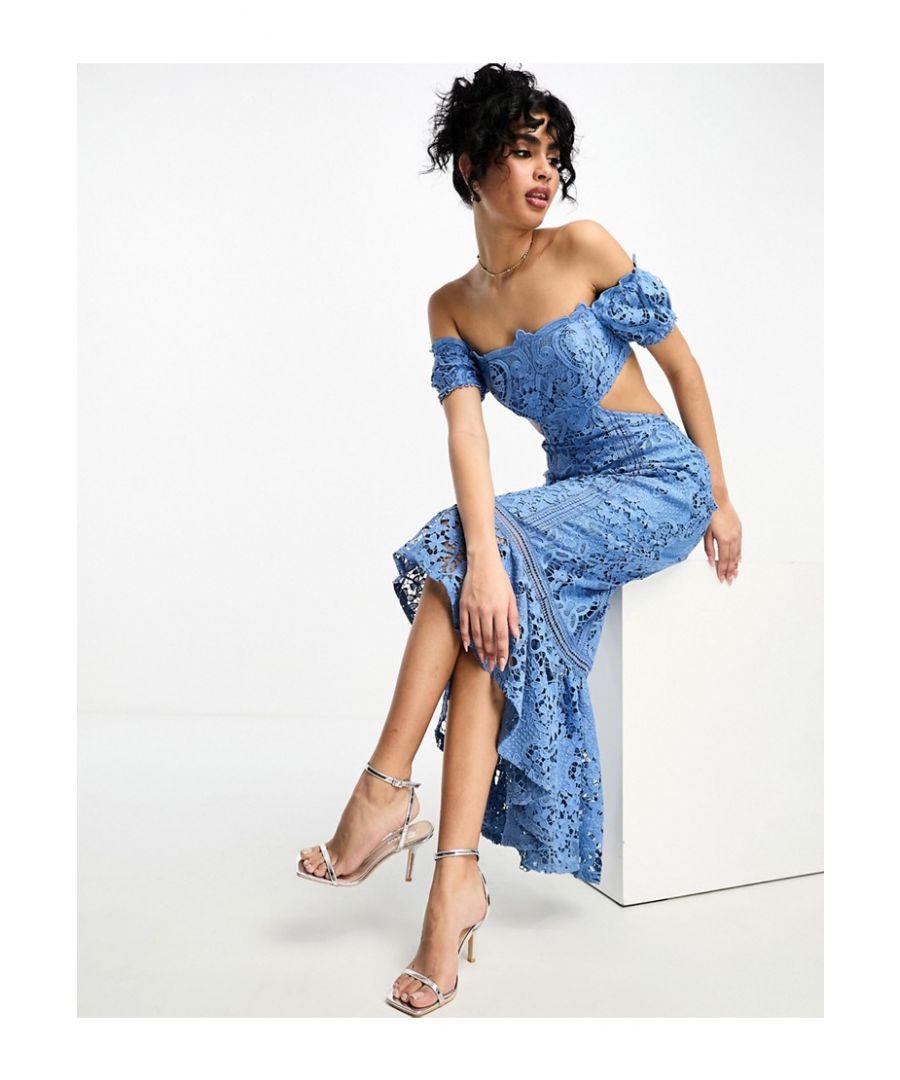 Dusty blue bardot frill hem midi dress hotsell