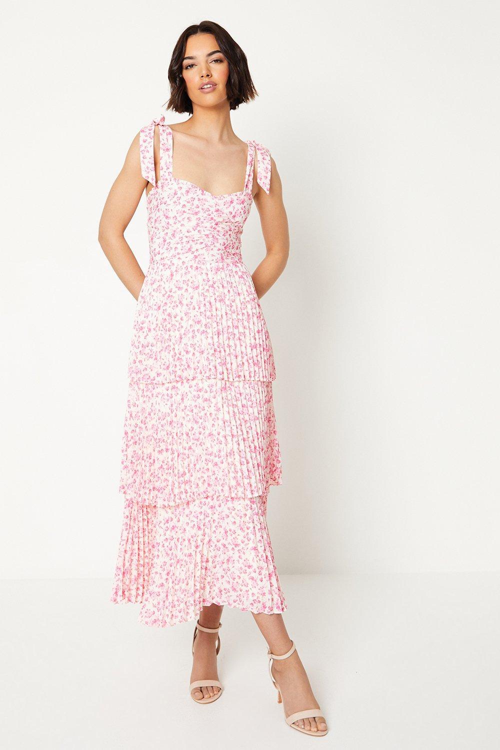 Oasis Women\u0026#180;s Pink Ditsy Floral Pleated Tie Shoulder Midi Dress dresses  - dresses