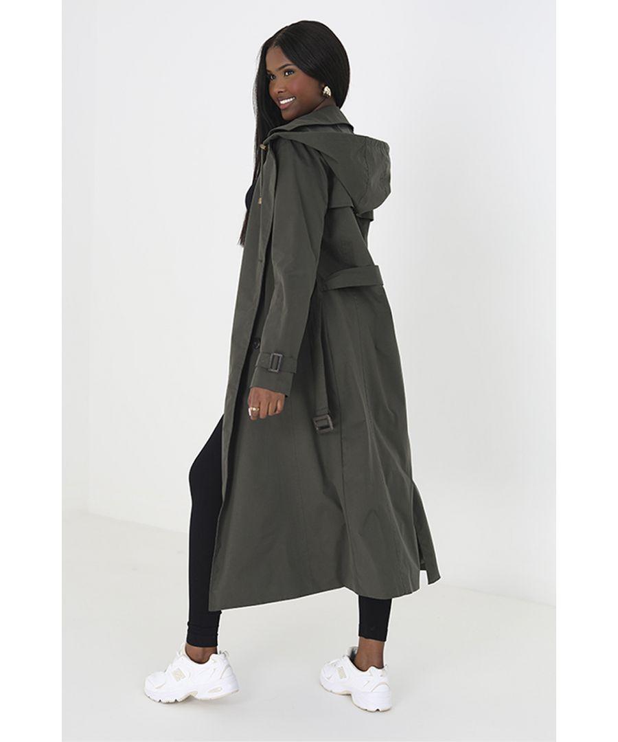 Rachel double breasted long trench coat with detachable hood hotsell