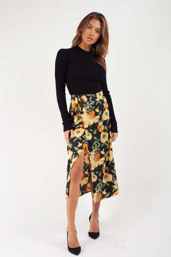 Urban Bliss Oriental Satin Floral Wrap Midi Skirt in Black Lyst UK