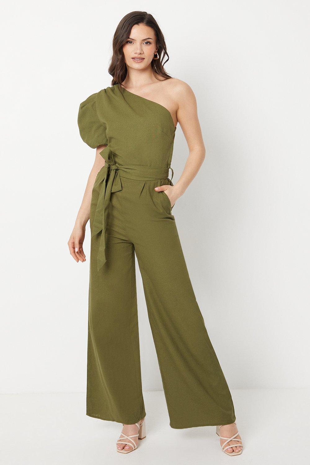 Oasis Linen One Shoulder Jumpsuit in Green Lyst UK
