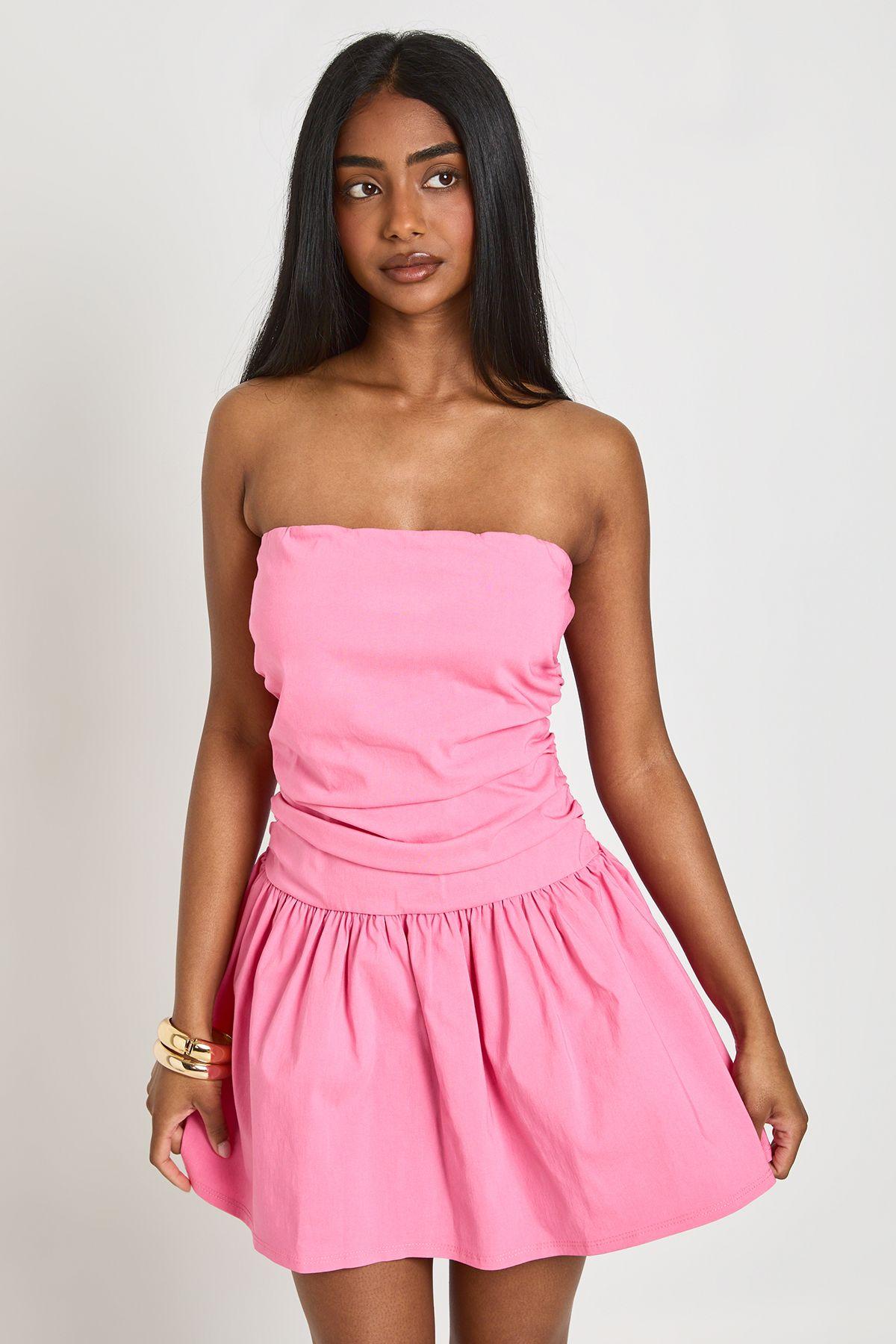 pink strapless skater dress Strapless Bow Detail A Line Dress Pink White