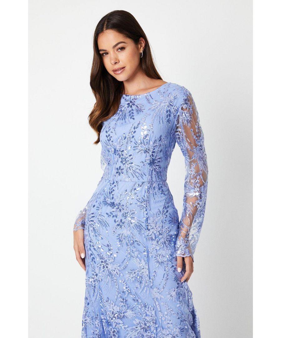 Coast Long Sleeve Embroidered Mesh Fishtail Gown in Blue | Lyst UK