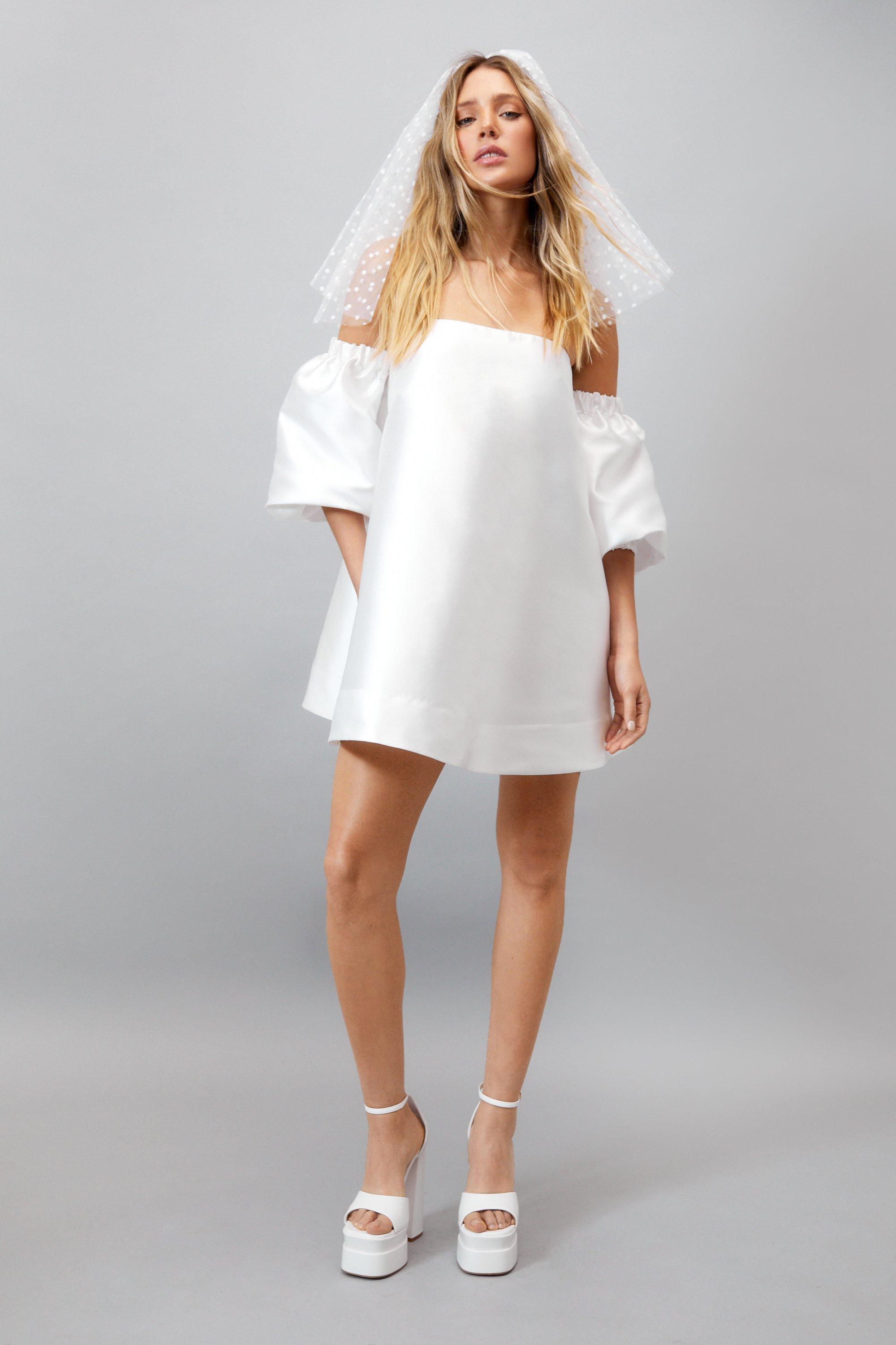 Nasty Gal Structured Bardot Puff Sleeve Mini Prom Dress in White