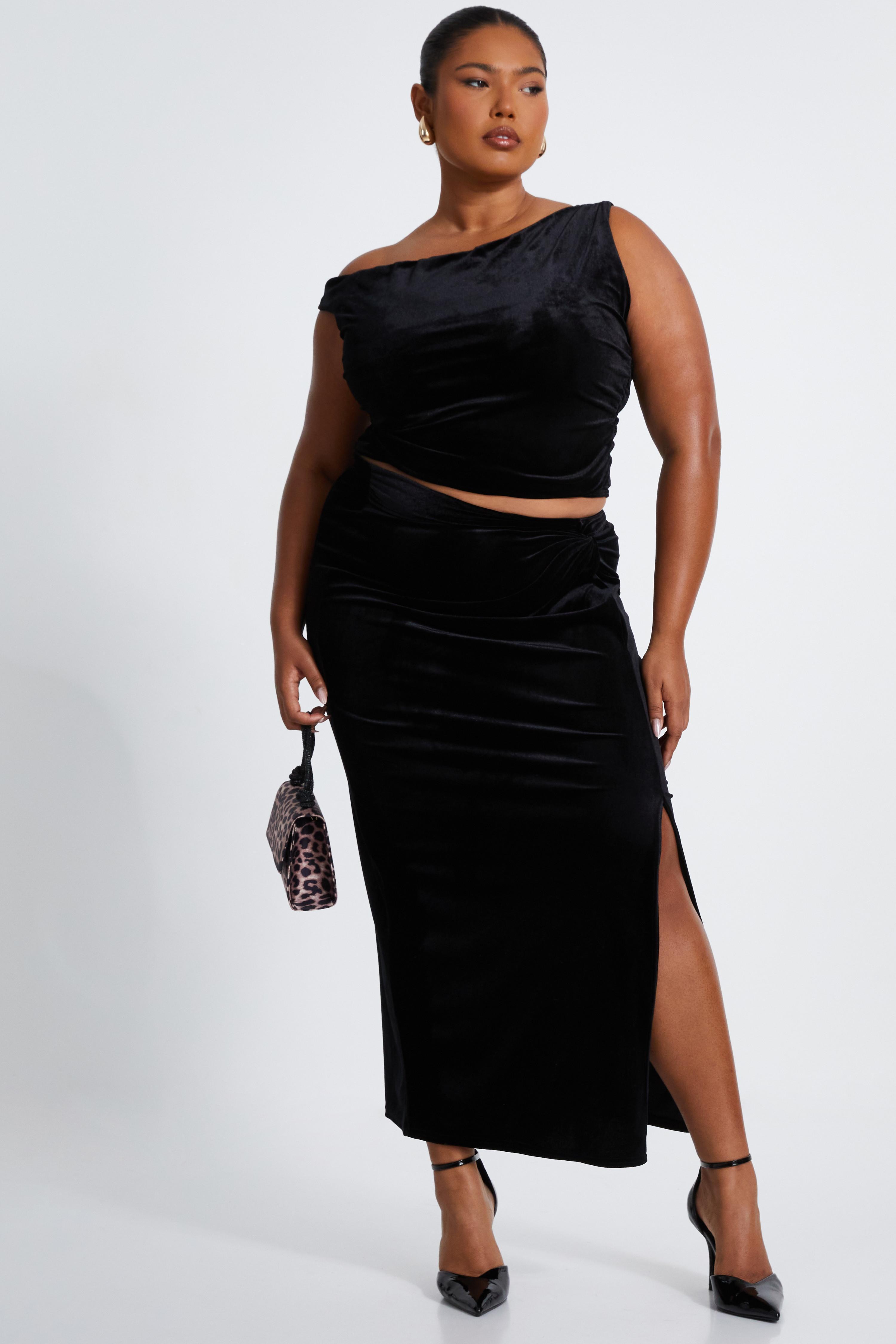 Plus Size Maxi Long Black Velvet Skirt Plus Size Velvet Side Slit