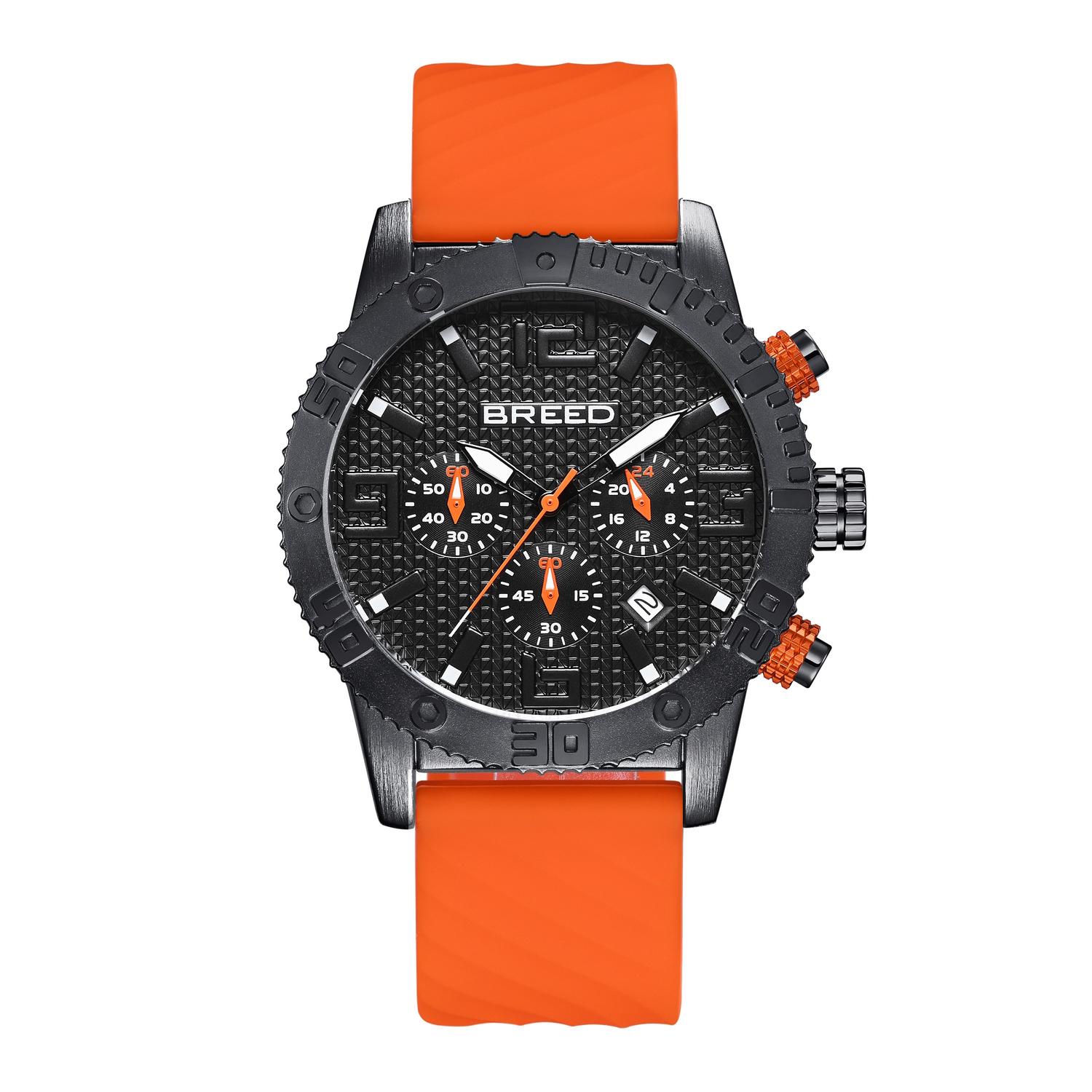 Montre Chronographe BREED Grand Prix - Cadran Noir Et Orange, Bracelet Silicone Noir - Homme - Neuf Avec étiquettes