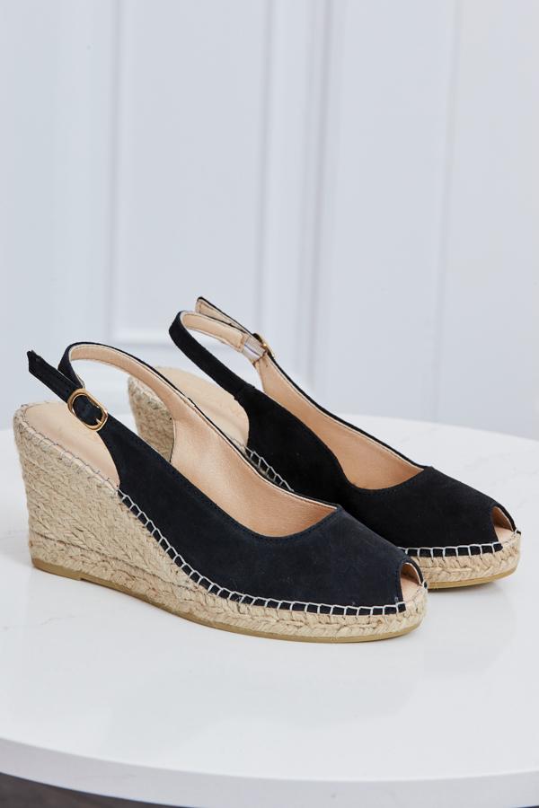 Sosandar Poppy Suede Peep Toe Wedge Espadrille in Black | Lyst UK