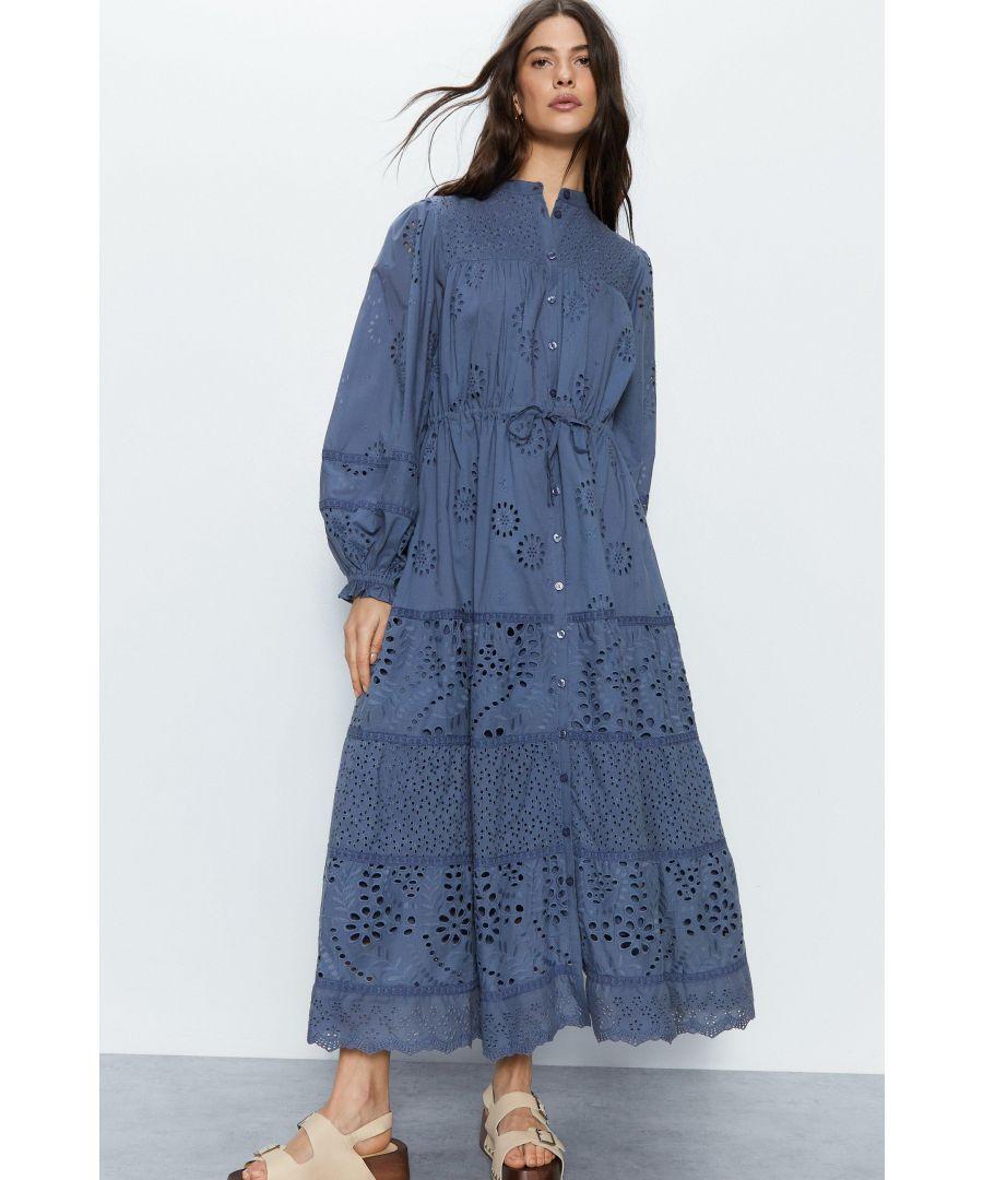 Warehouse Broderie Drawstring Waist Midi Dress in Blue | Lyst UK