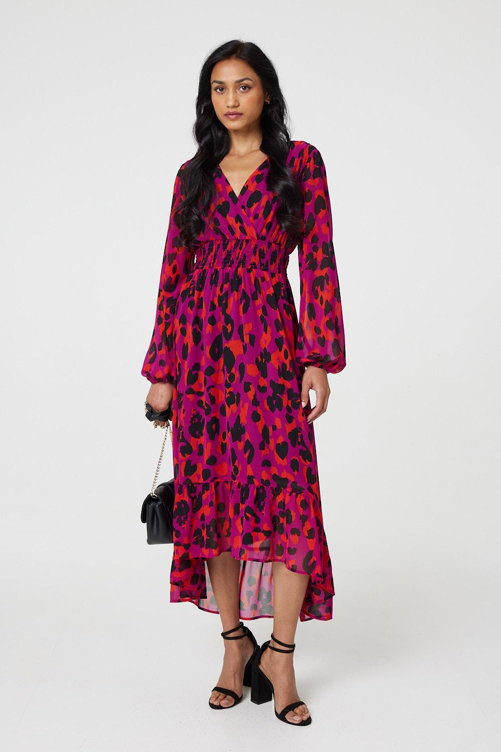 Izabel London Animal Print V-Neck Curve Hem Midi Dress in Red