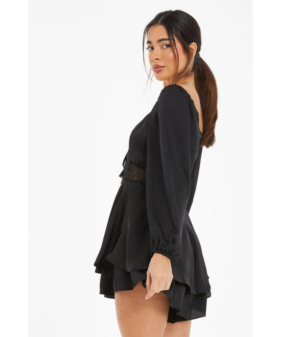 Quiz Satin Lace Long Sleeve Playsuit in Black Lyst UK