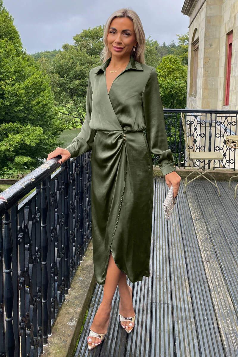 satin shirt midi dress ASOS DESIGN satin shirt midi dress with cowl back detail