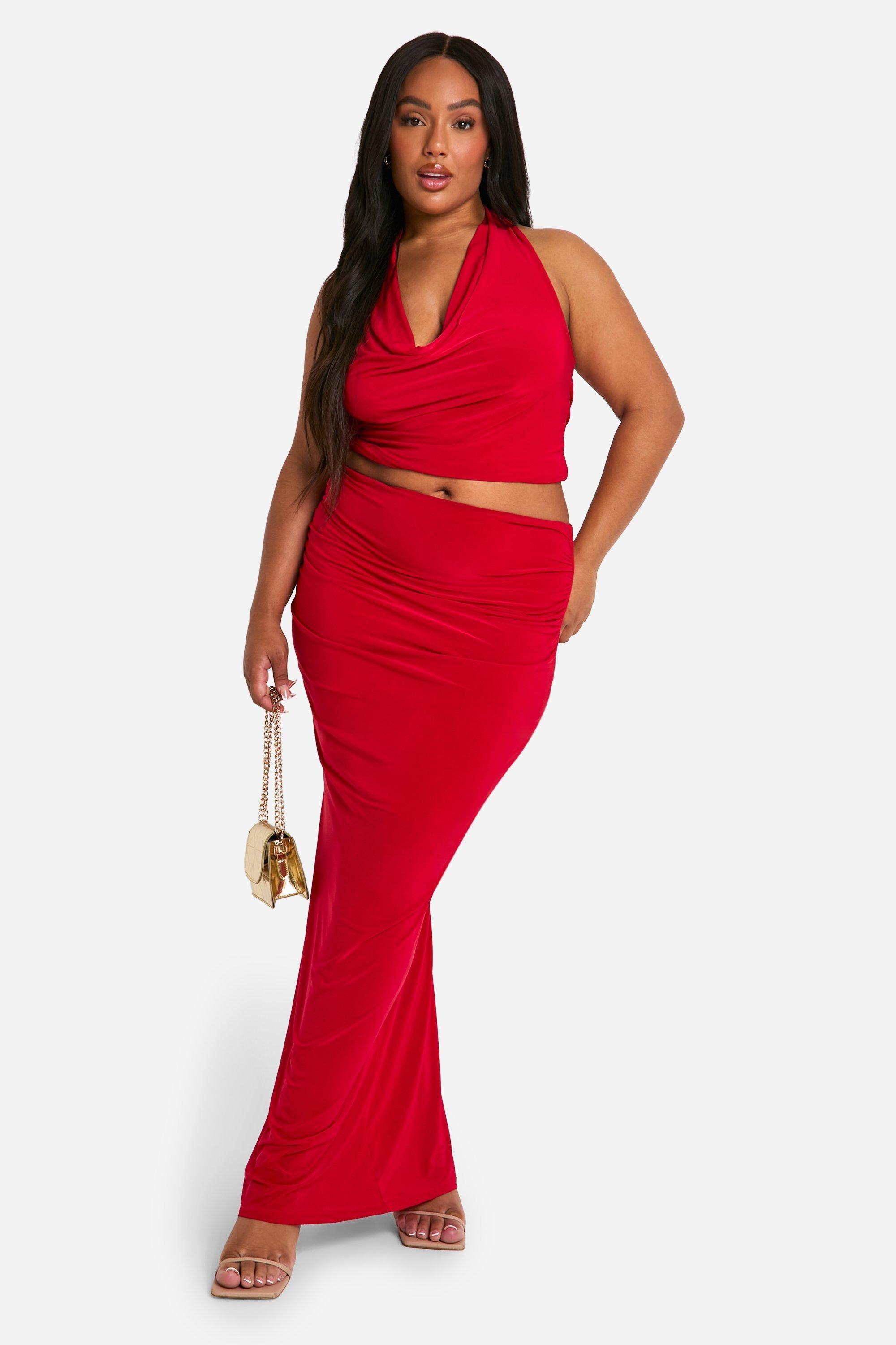 Boohoo Plus Double Slinky Halterneck Cowl Neck Top Maxi Skirt Co