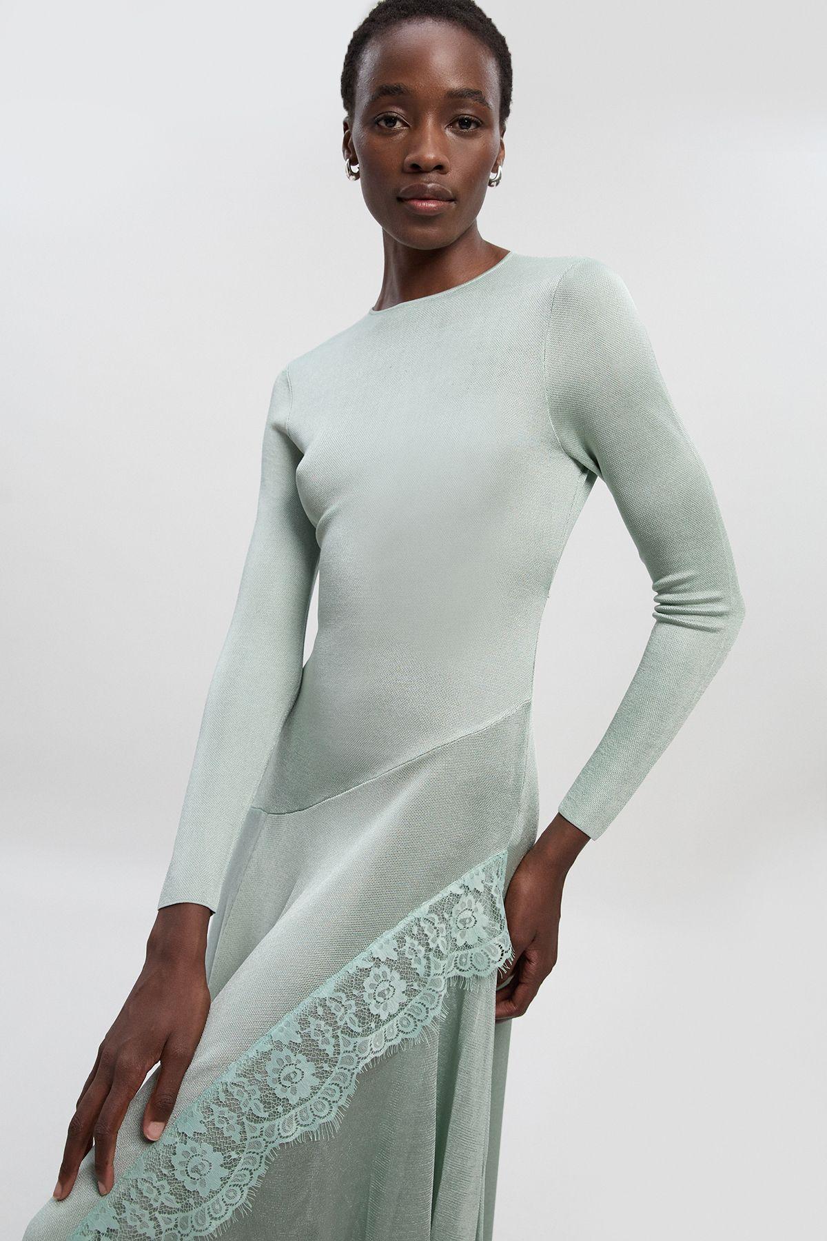 viscose blend knit sheer skirt midaxi dress Karen Millen Slinky Lace Detail Asymmetric Maxi in Grey 2025influencerpick