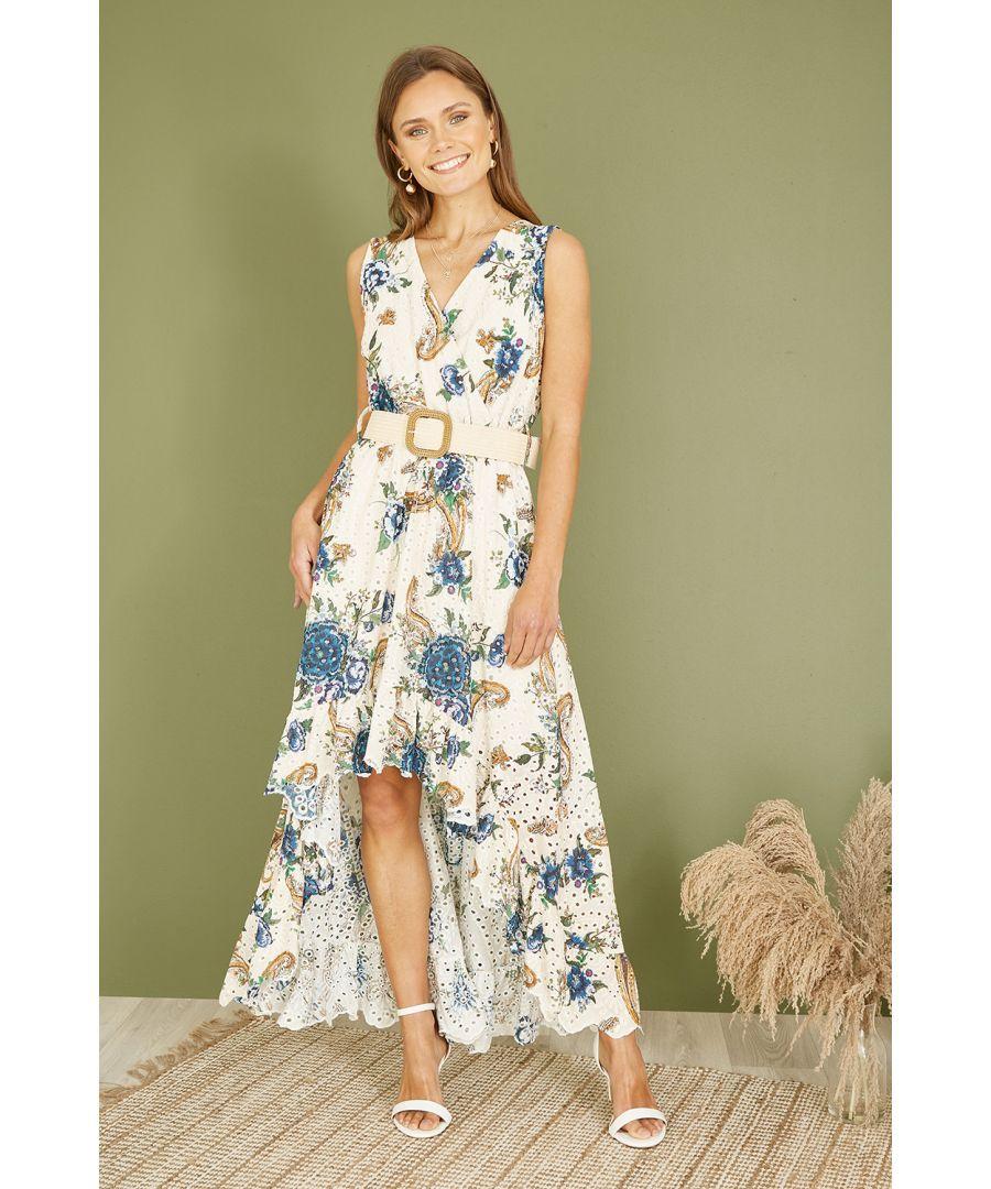 Yumi Premium Ivory Floral Print Broderie Anglaise Cotton Dip Hem Midaxi Dress in Green Lyst UK