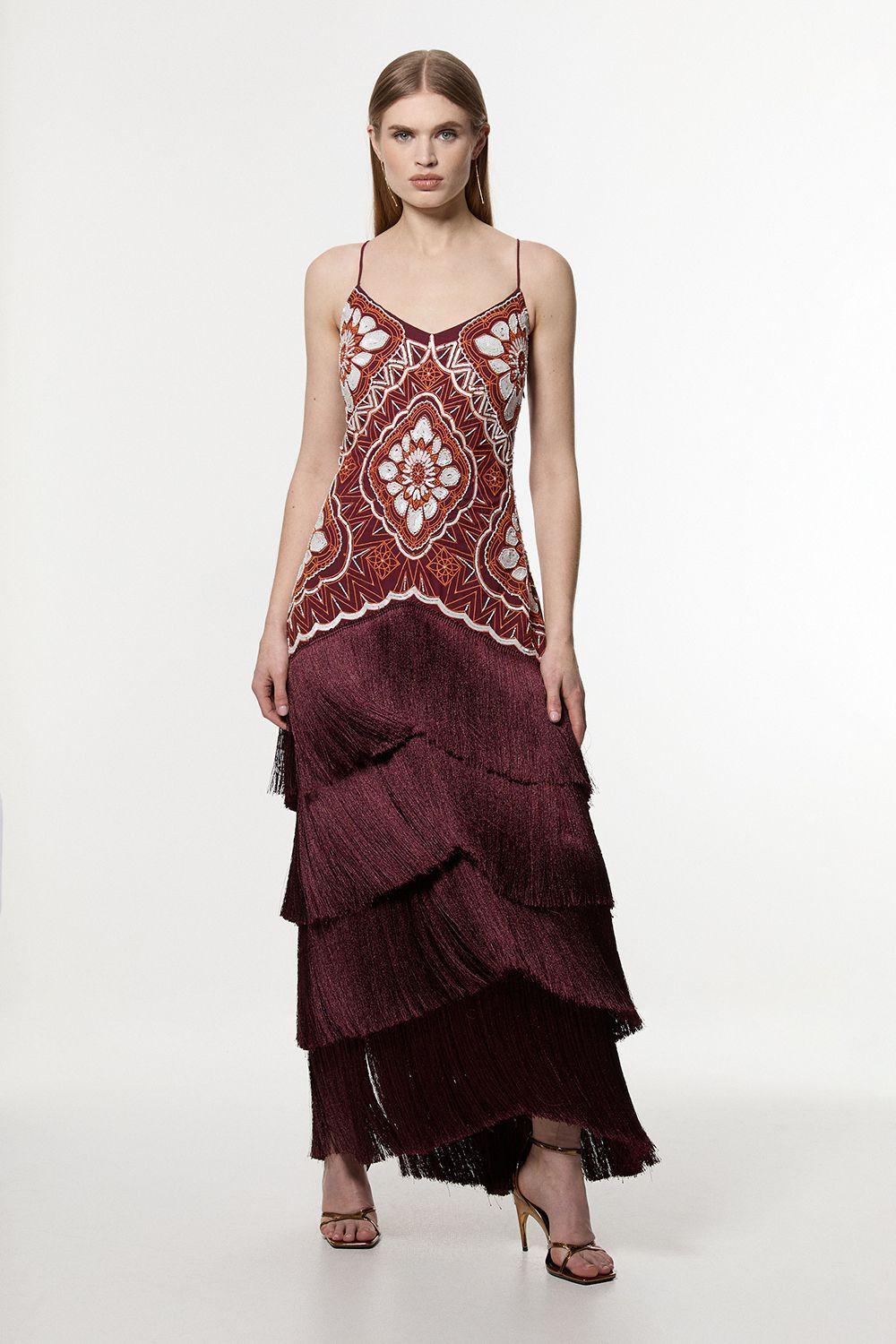 Karen Millen Embellished Fringe Strappy Woven Maxi Dress in Red | Lyst UK