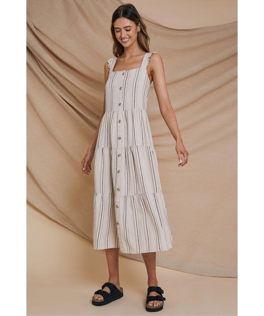 Threadbare Natural Linen Blend 'oak' Tiered Midi Dress Lyst UK