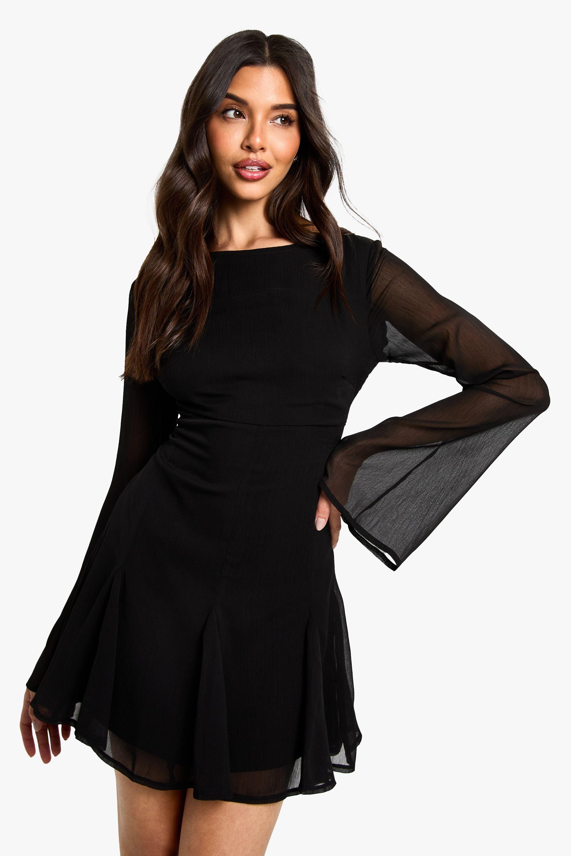 Boohoo Chiffon Slash Neck Long Sleeve Godet Mini Dress in Black