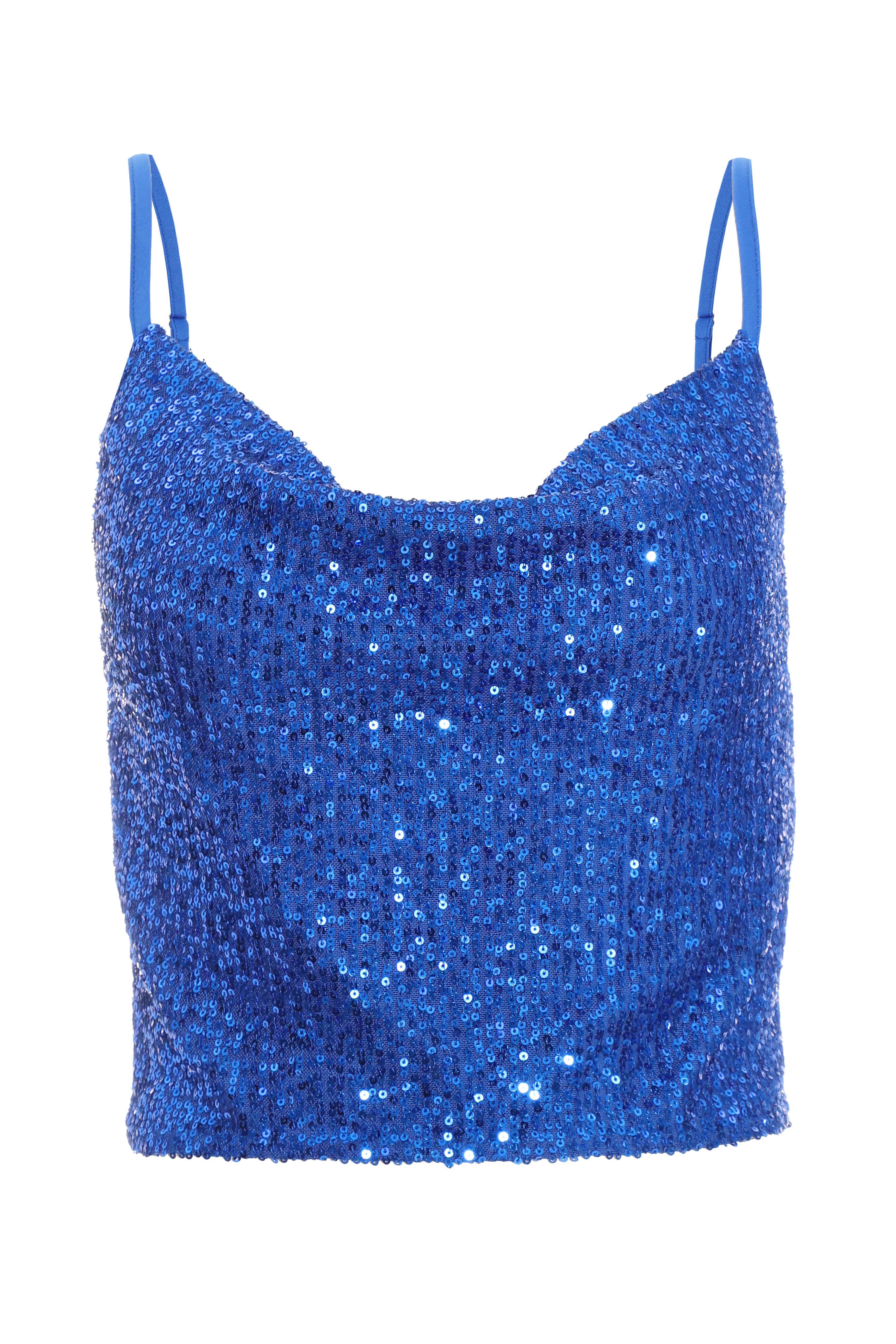 Quiz Royal Sequin Strappy Crop Top in Blue Lyst UK