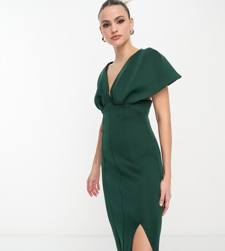 ASOS Design Plunge Neck Dropped Shoulder Pencil Midi Dress in Green Lyst UK