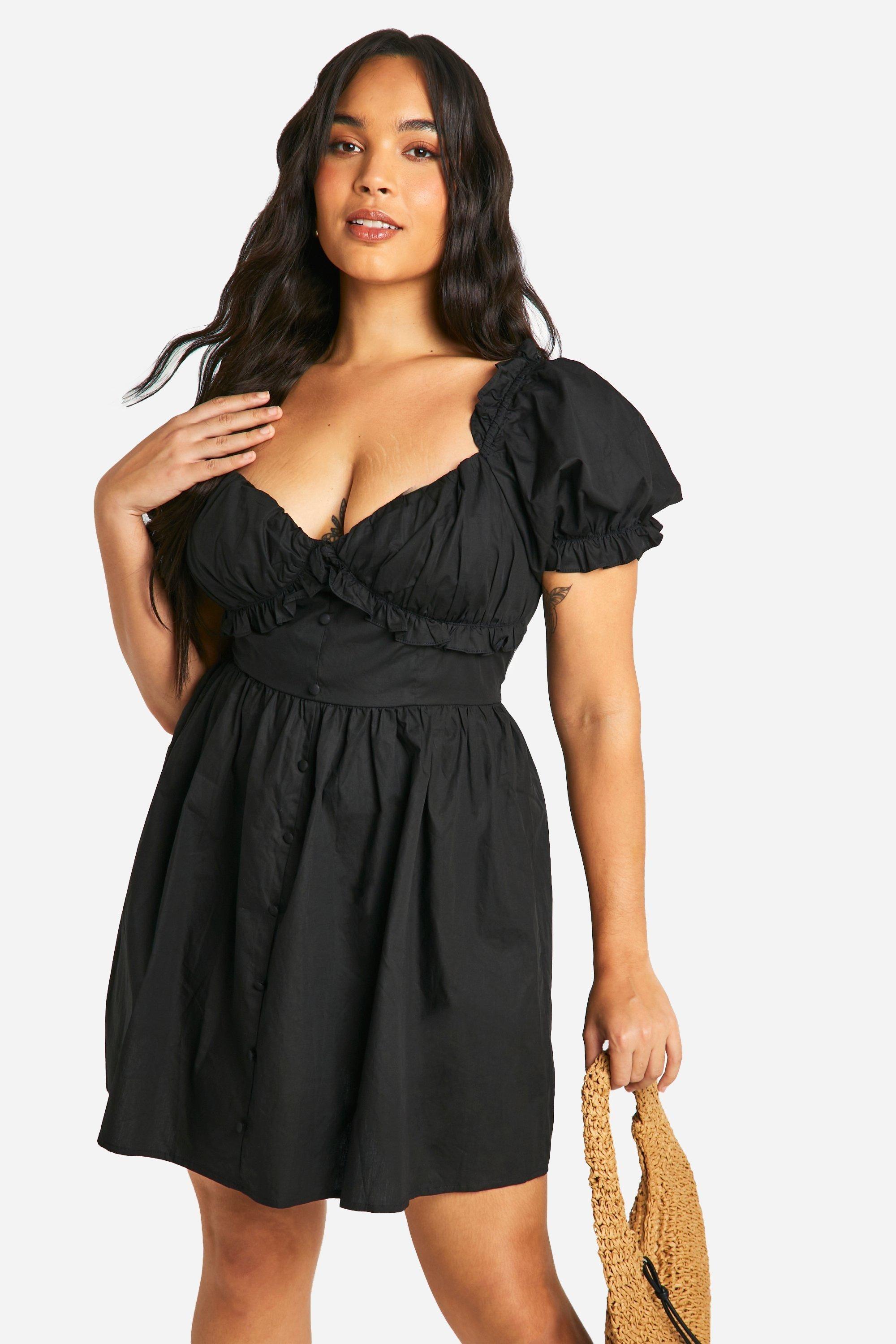 Boohoo Plus Woven Milkmaid Button Down Skater Dress in Black Lyst UK