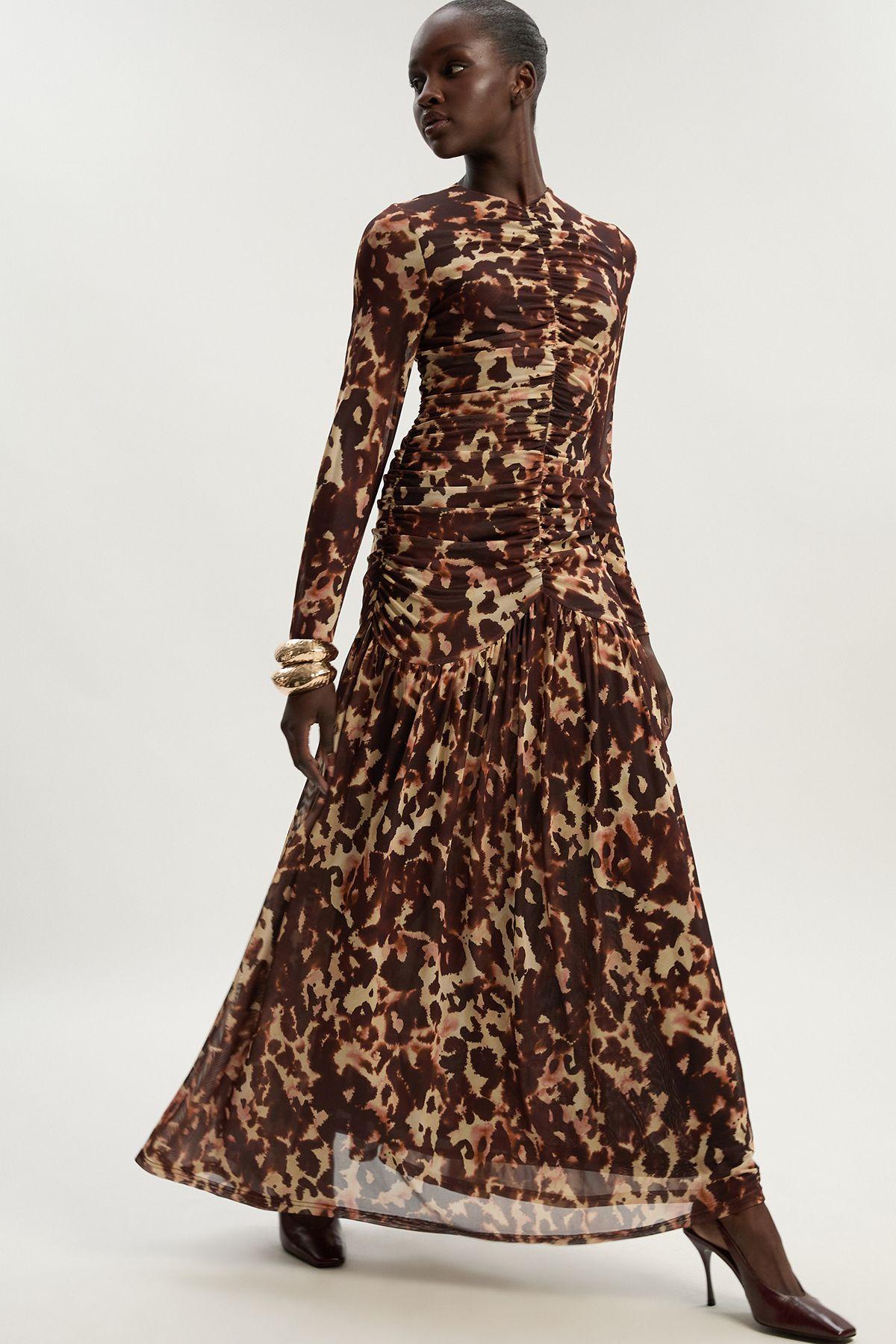 Karen Millen Leopard Print Mesh Maxi Dress in Brown Lyst UK