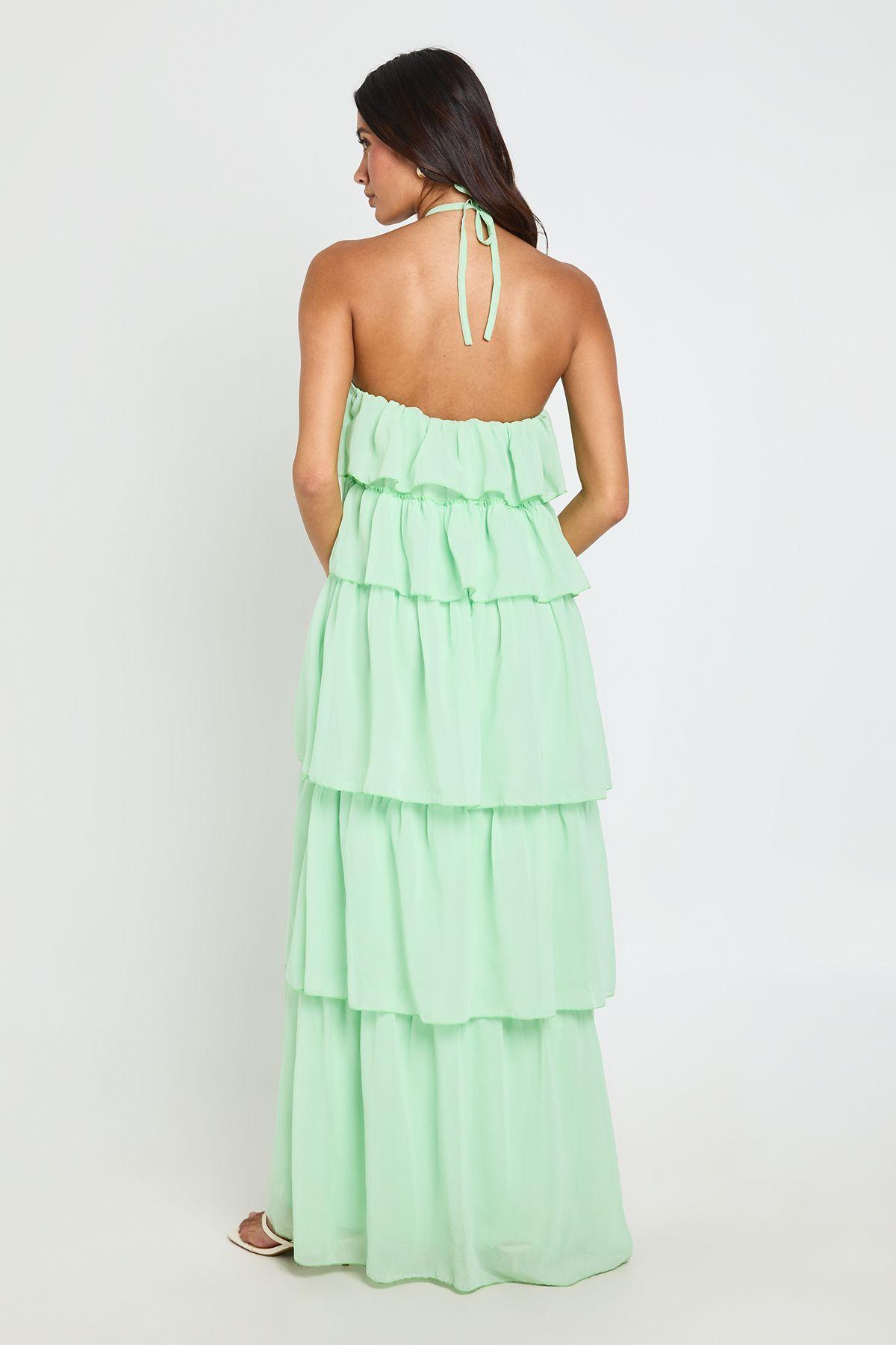 boohoo mint green dress Chiffon Tiered Halterneck Maxi in pink sweet 16 dress