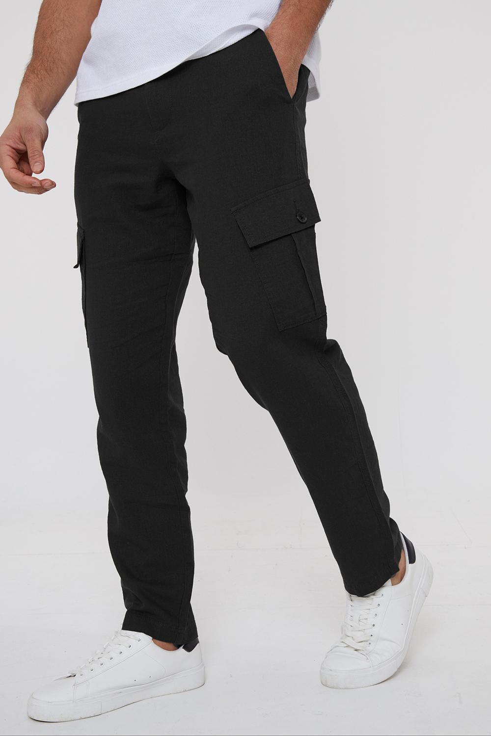 Threadbare 'Ramsay' Linen Blend Cargo Trousers in Black for Men