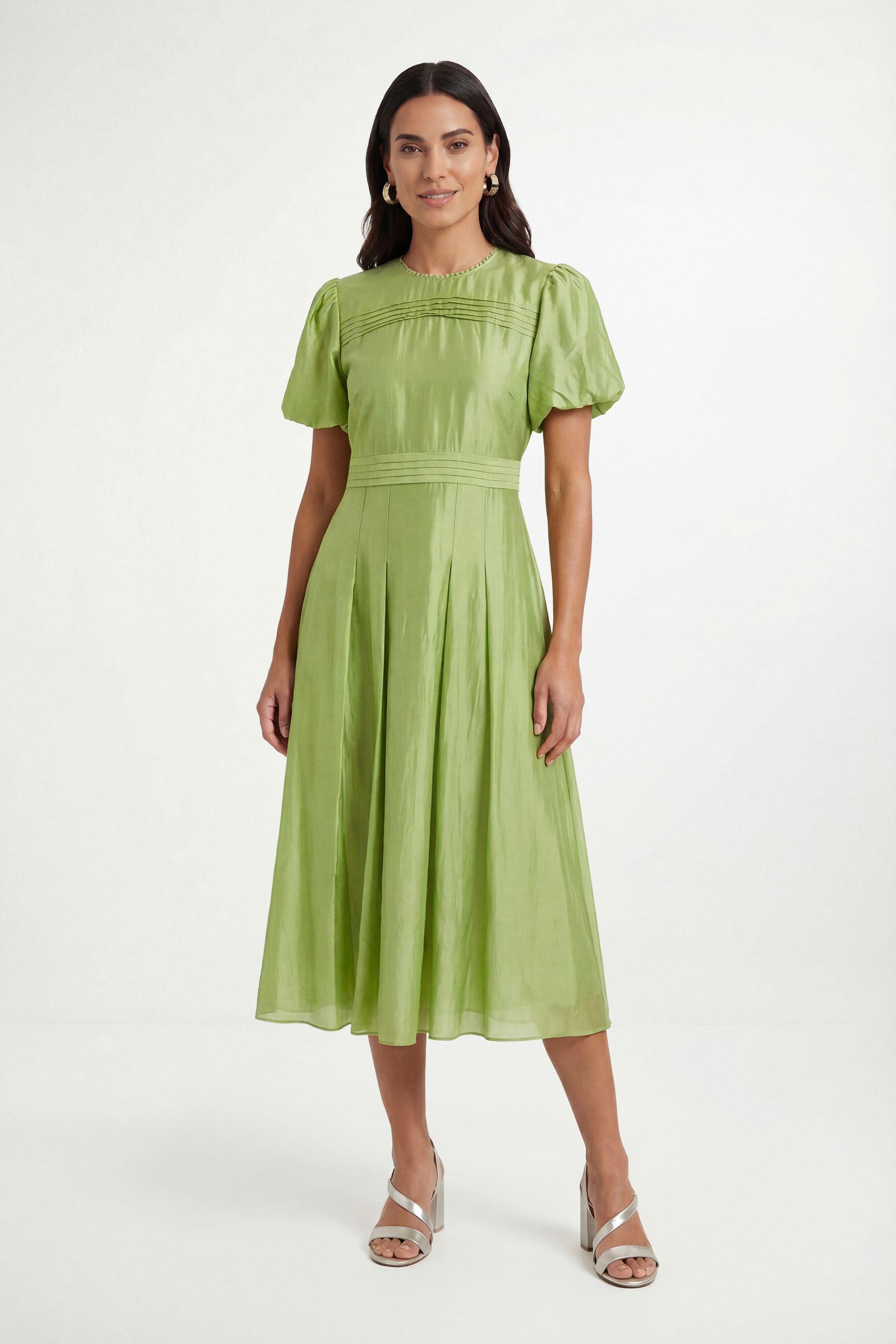 Wallis Petite Tencel Pleated Midi Dress in Green